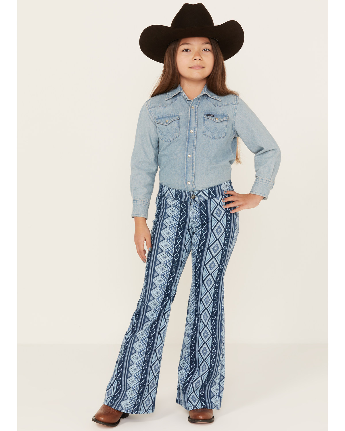 Rock & Roll Denim Girls' Medium Wash Southwestern Print Bargain Button Stretch Flare Jeans