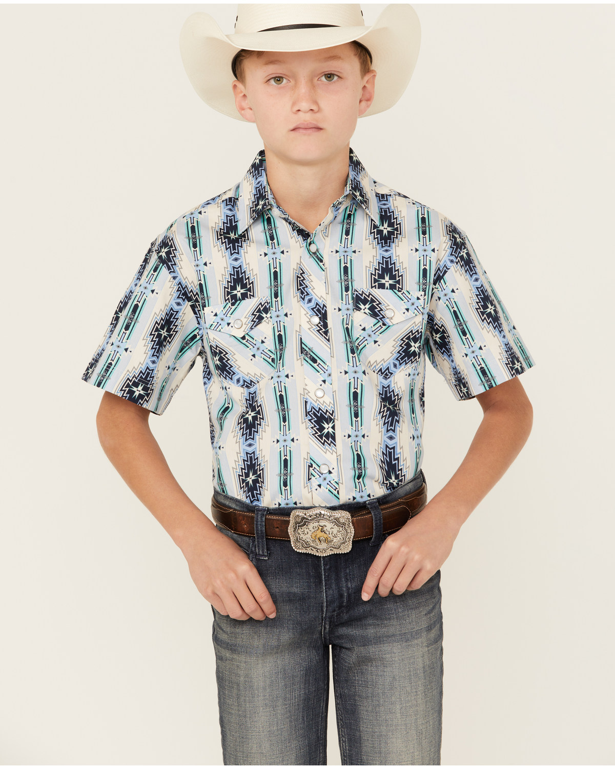 Panhandle Boys' Southwestern Striped Print Short Sleeve Pearl Snap Western Shirt