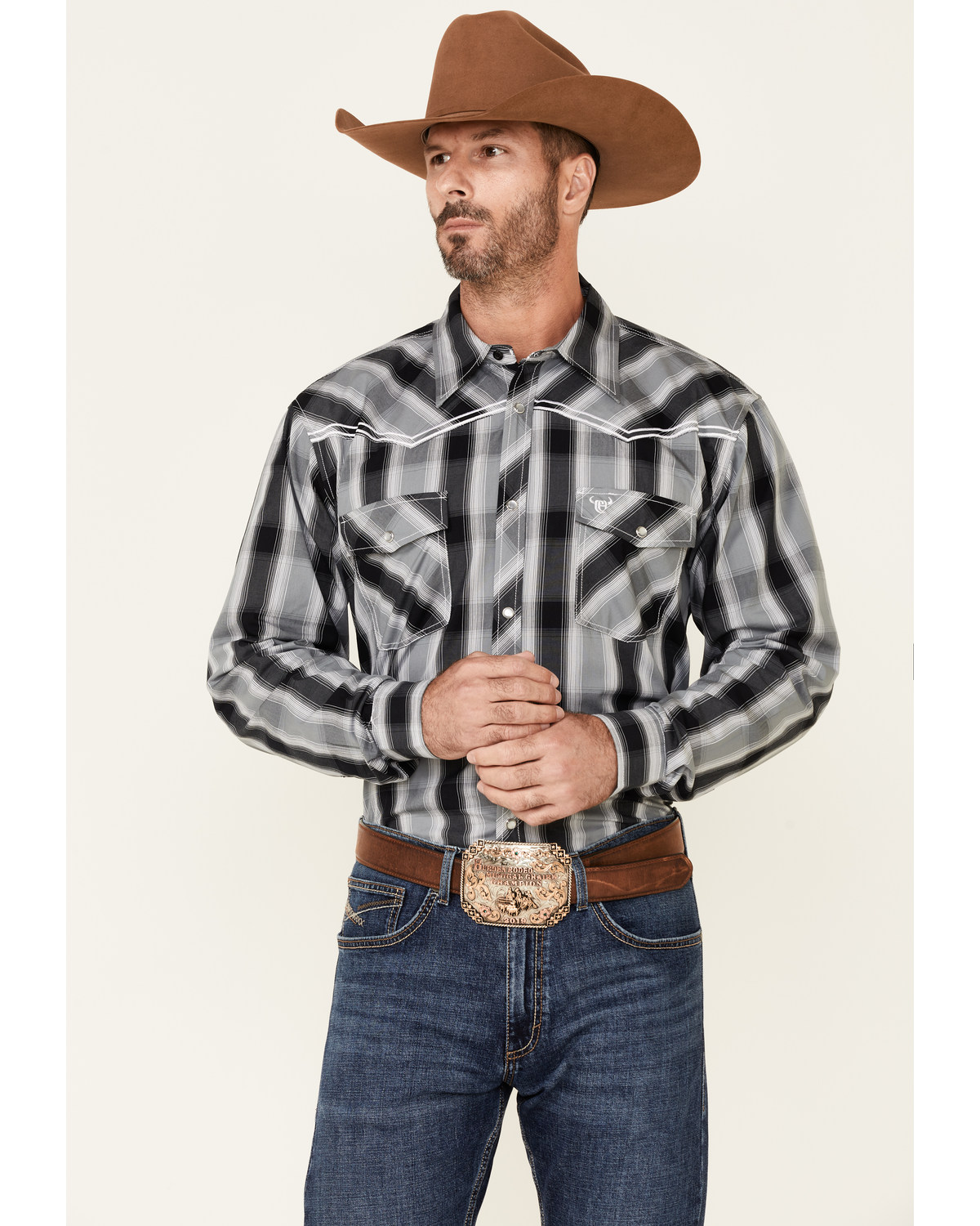 Cowboy Hardware Men's Hombre Large Plaid Print Long Sleeve Pearl Snap Western Shirt