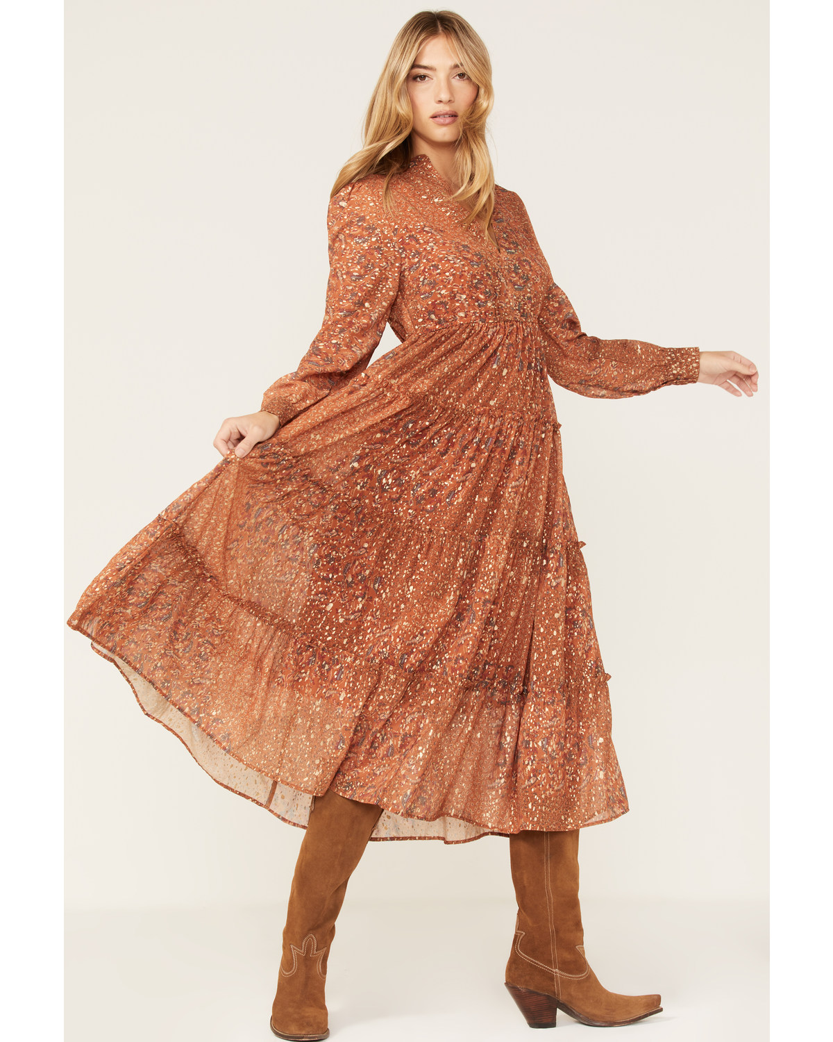Revel Women's Metallic Floral Print Ruffle Midi Dress