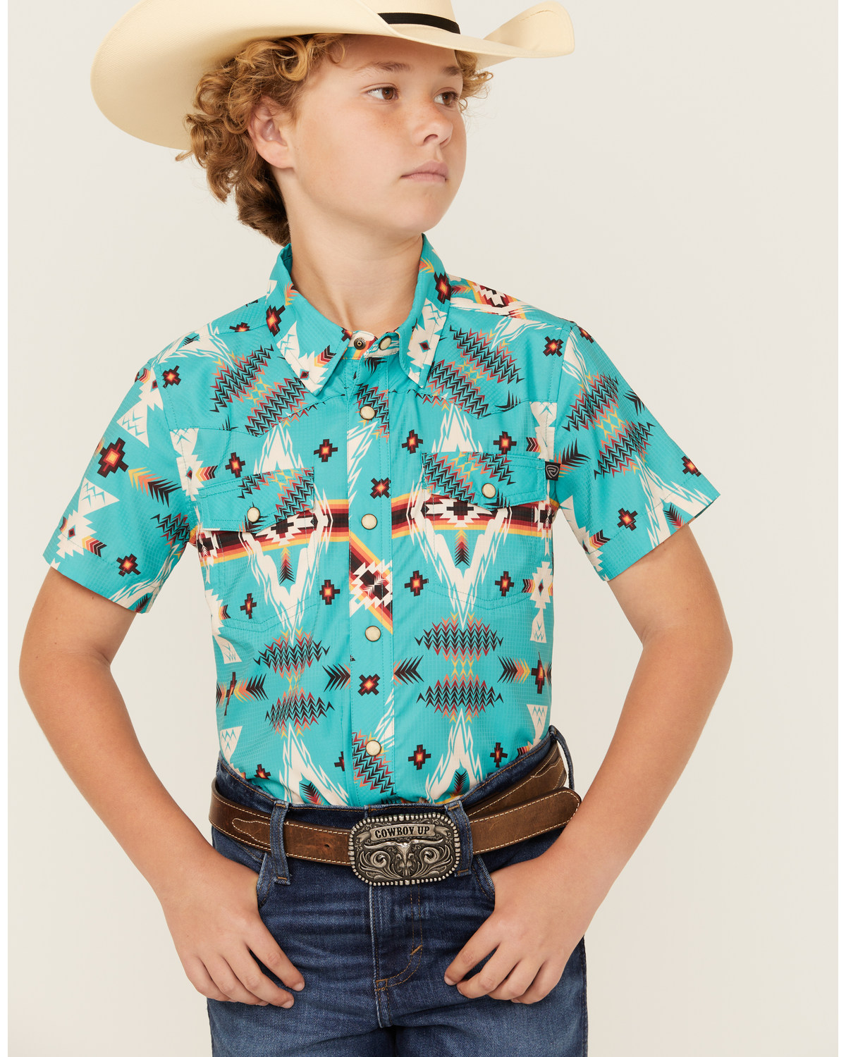 Rock & Roll Denim Boys' Tek Southwestern Print Short Sleeve Snap Western Shirt