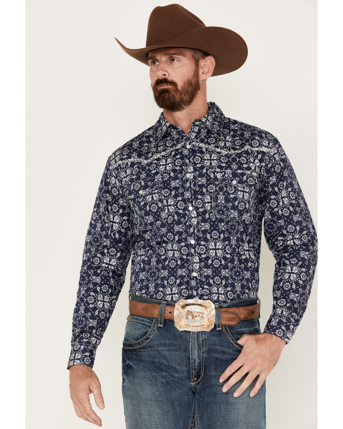 Cowboy Hardware Men's Bandana Print Long Sleeve Pearl Snap Western Shirt
