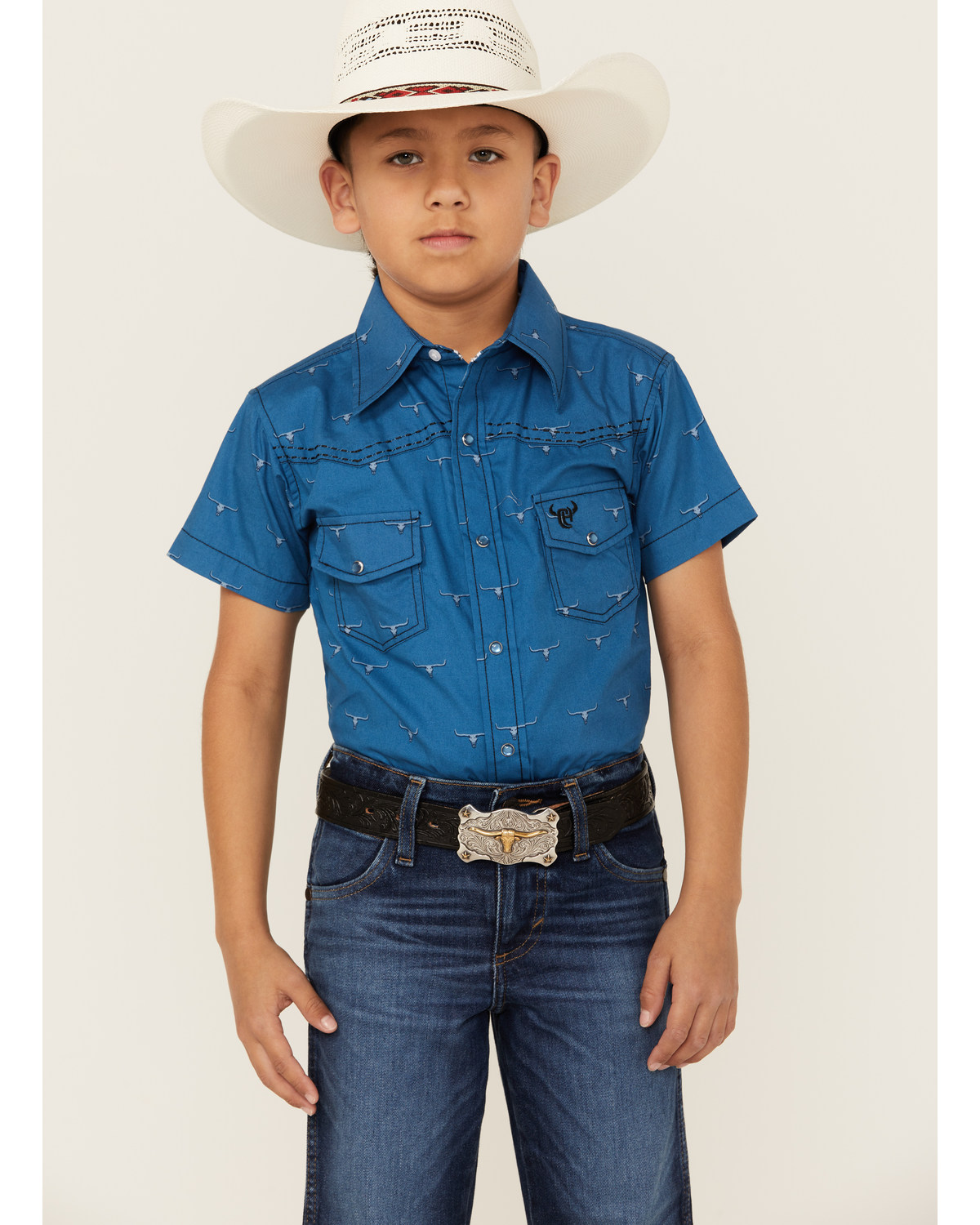 Cowboy Hardware Boys' Steerhead Print Short Sleeve Snap Western Shirt