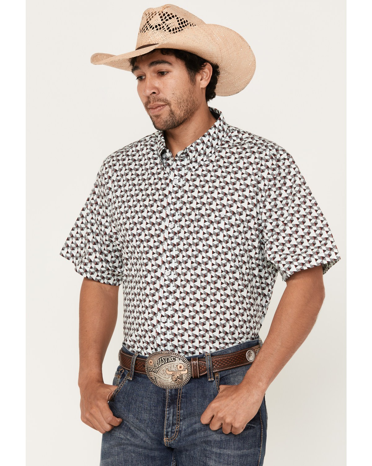 RANK 45® Men's Angus Geo Print Short Sleeve Button-Down Stretch Western Shirt