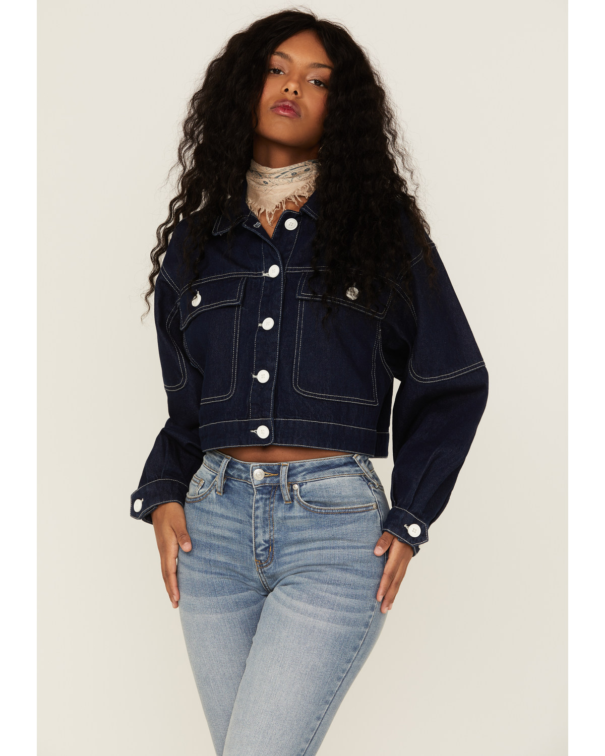 Unpublished Denim Women's Dark Wash Oversized Cropped Button Down Jacket