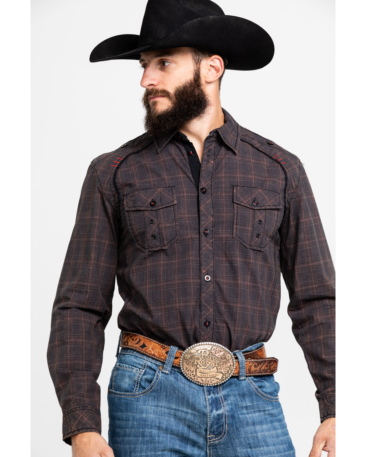 Austin Season Men's Embroidered Cross Plaid Print Button Long Sleeve Western Shirt