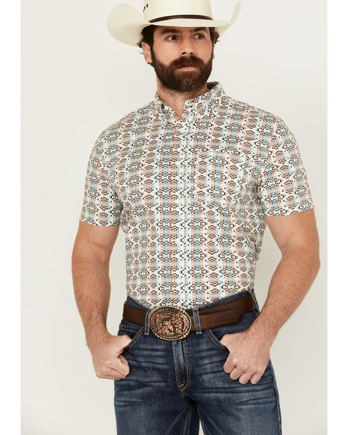 RANK 45® Men's Westgate Abstract Geo Print Short Sleeve Button-Down Stretch Western Shirt