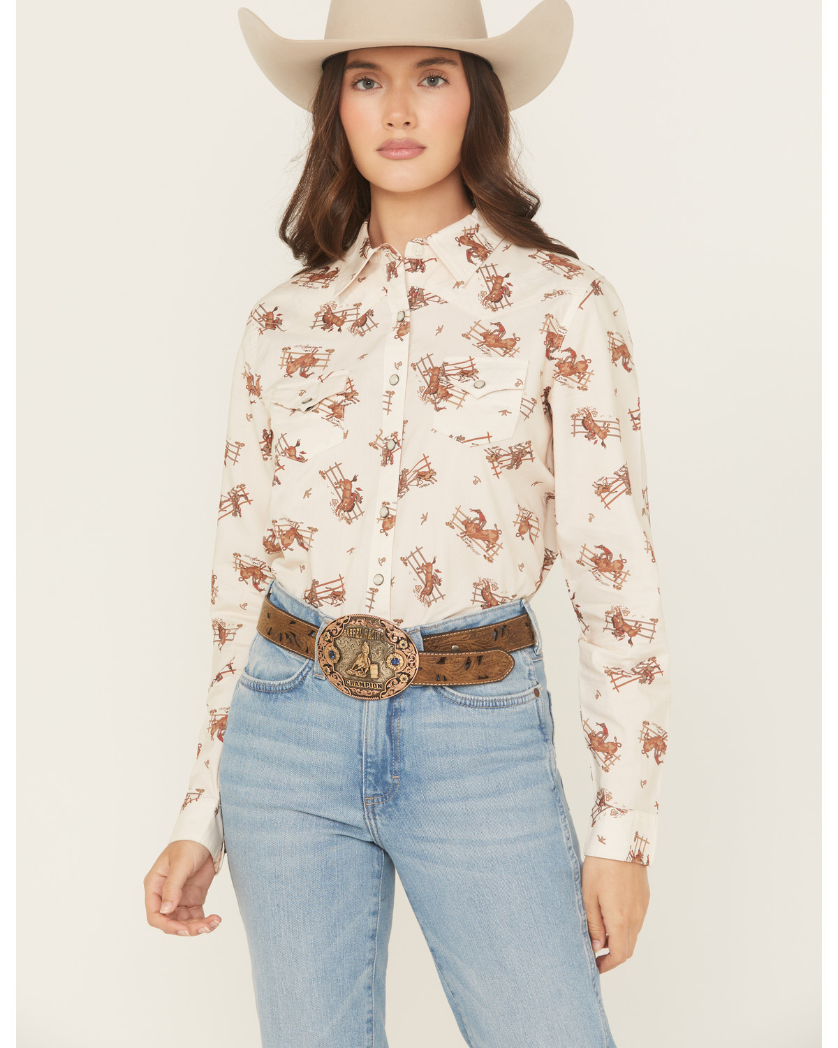 Cruel Girl Women's Horse Rider Conversational Print Long Sleeve Snap Western Shirt