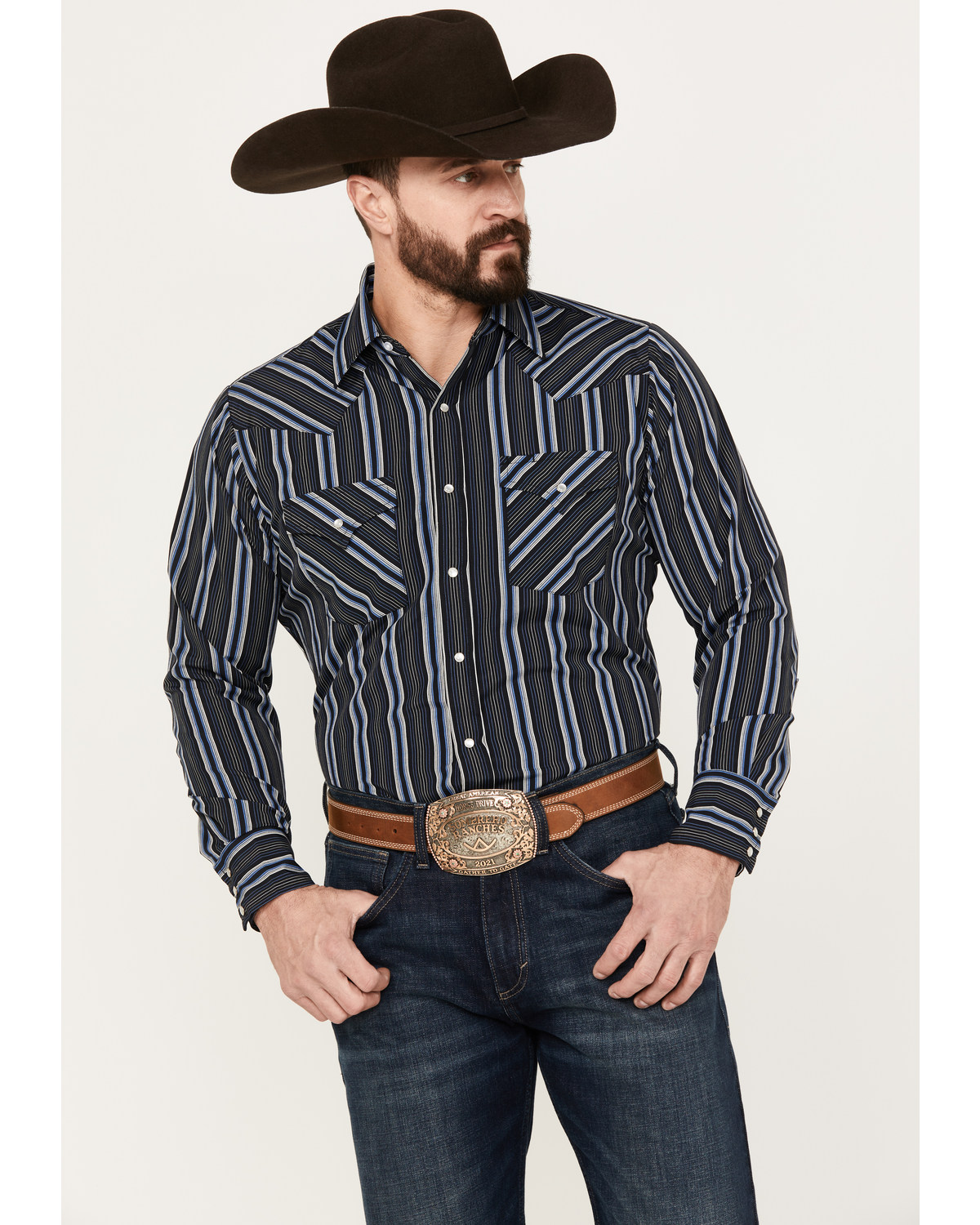 Ely Walker Men's Striped Long Sleeve Pearl Snap Western Shirt