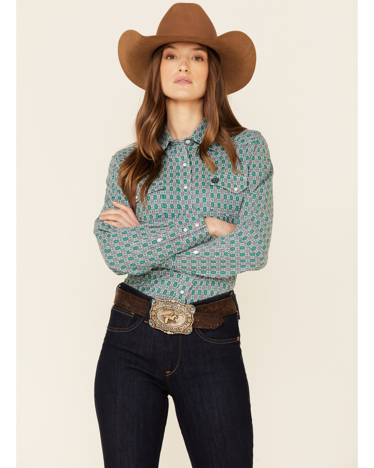 Cinch Women s Blue Green Circle Geo Print Long Sleeve Snap Western Core Shirt Boot Barn in Tustin CA
