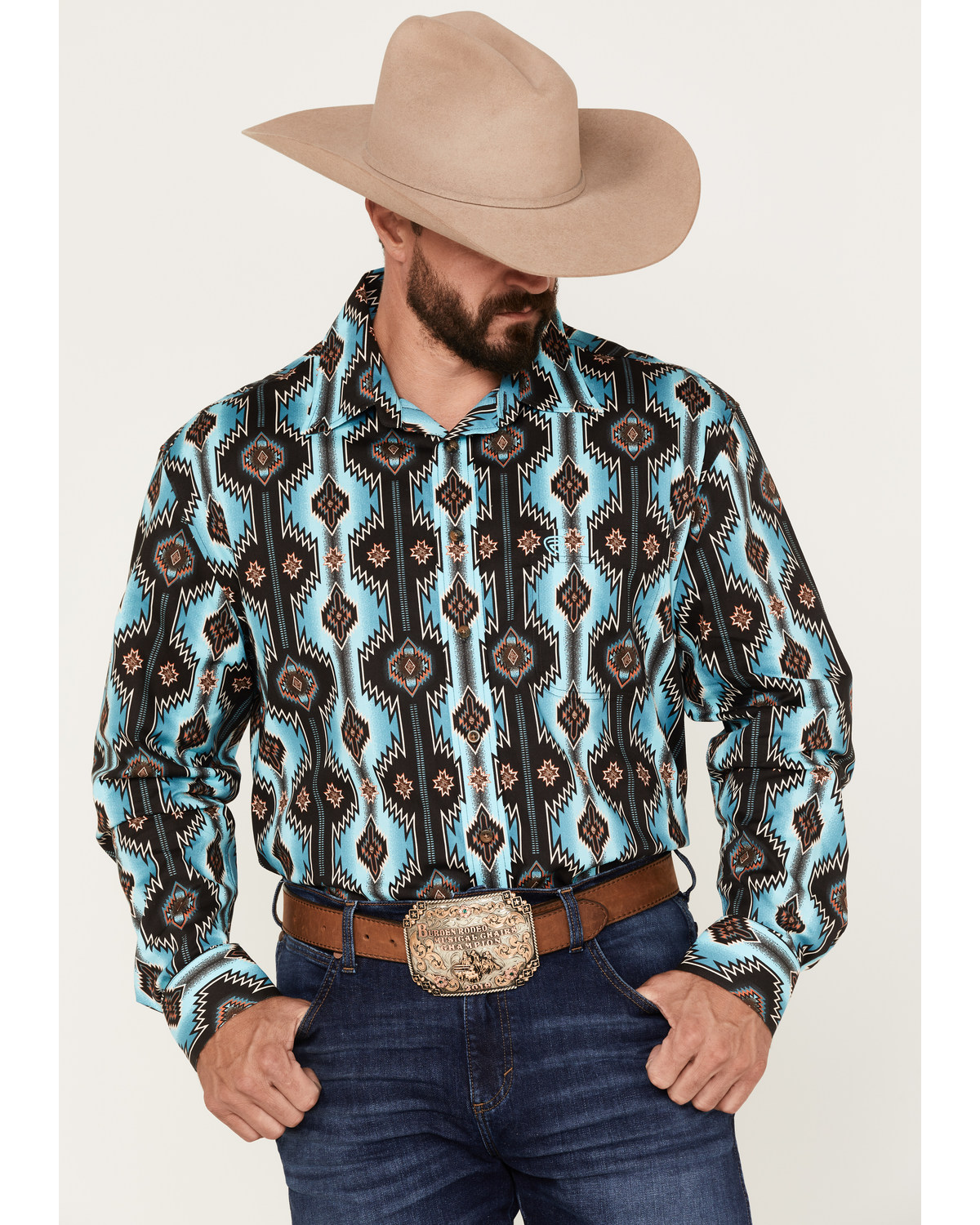 Rock & Roll Denim Men's Southwestern Print Stretch Long Sleeve Button Down Shirt