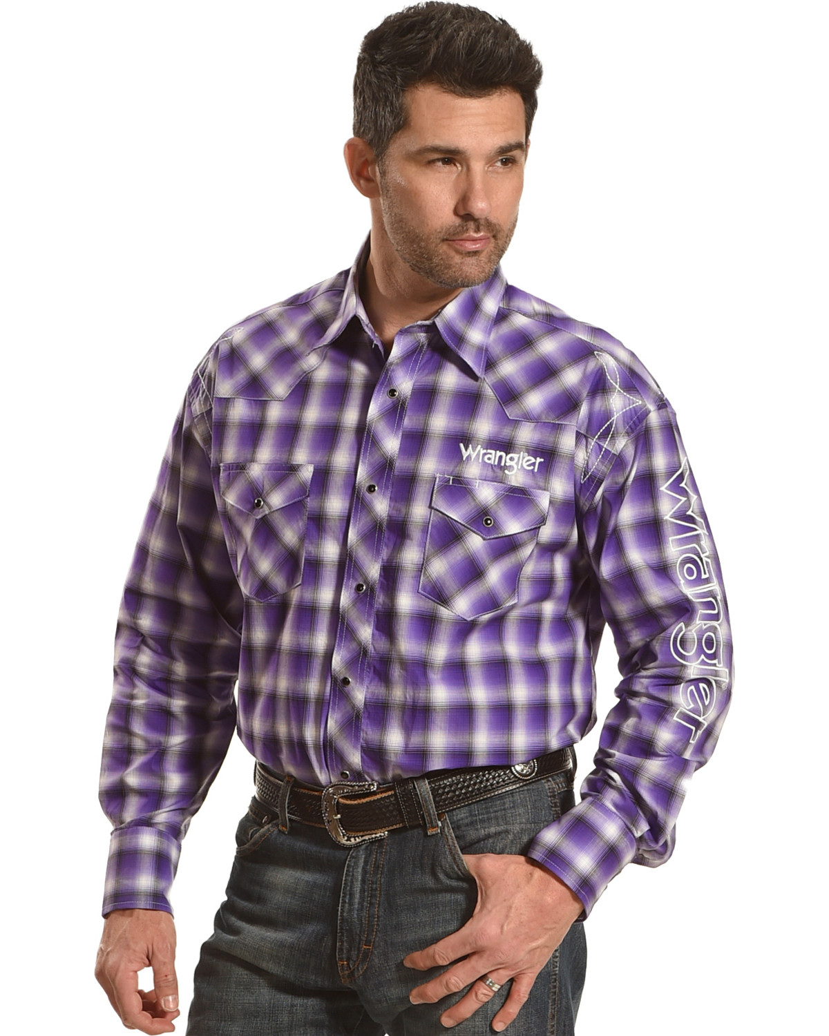 Wrangler Men S Purple Plaid Logo Long Sleeve Western Shirt Boot Barn