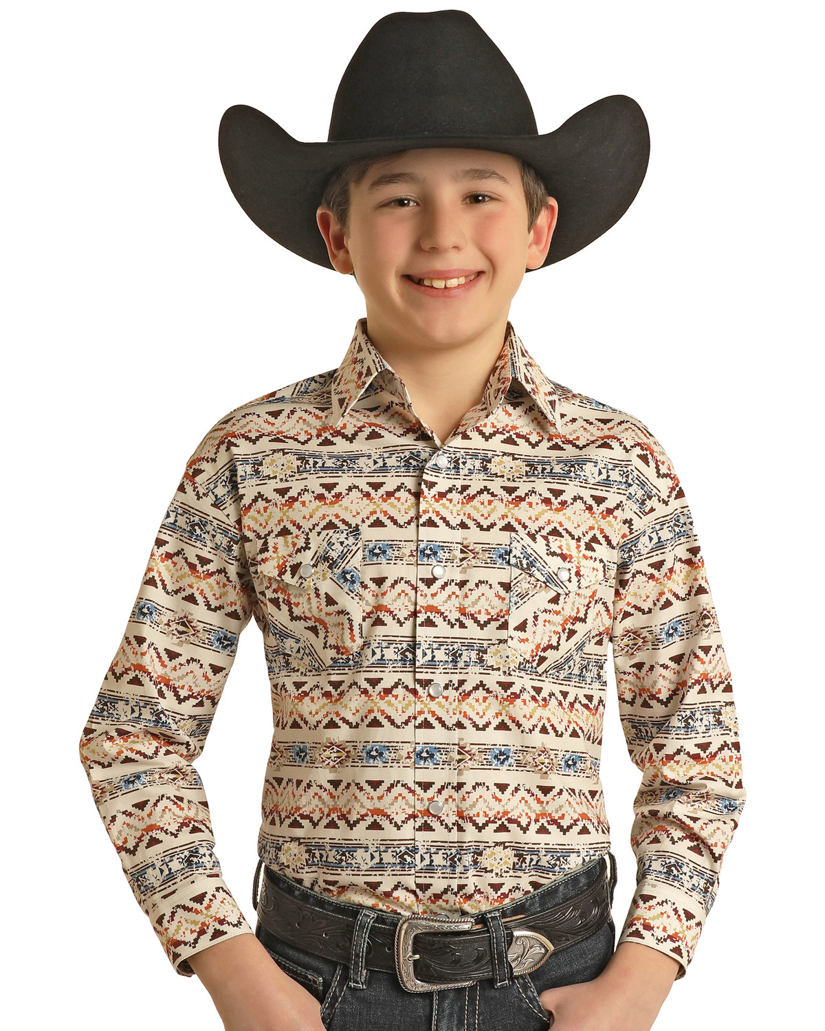 Panhandle Boys' Southwestern Striped Print Long Sleeve Pearl Snap Western Shirt