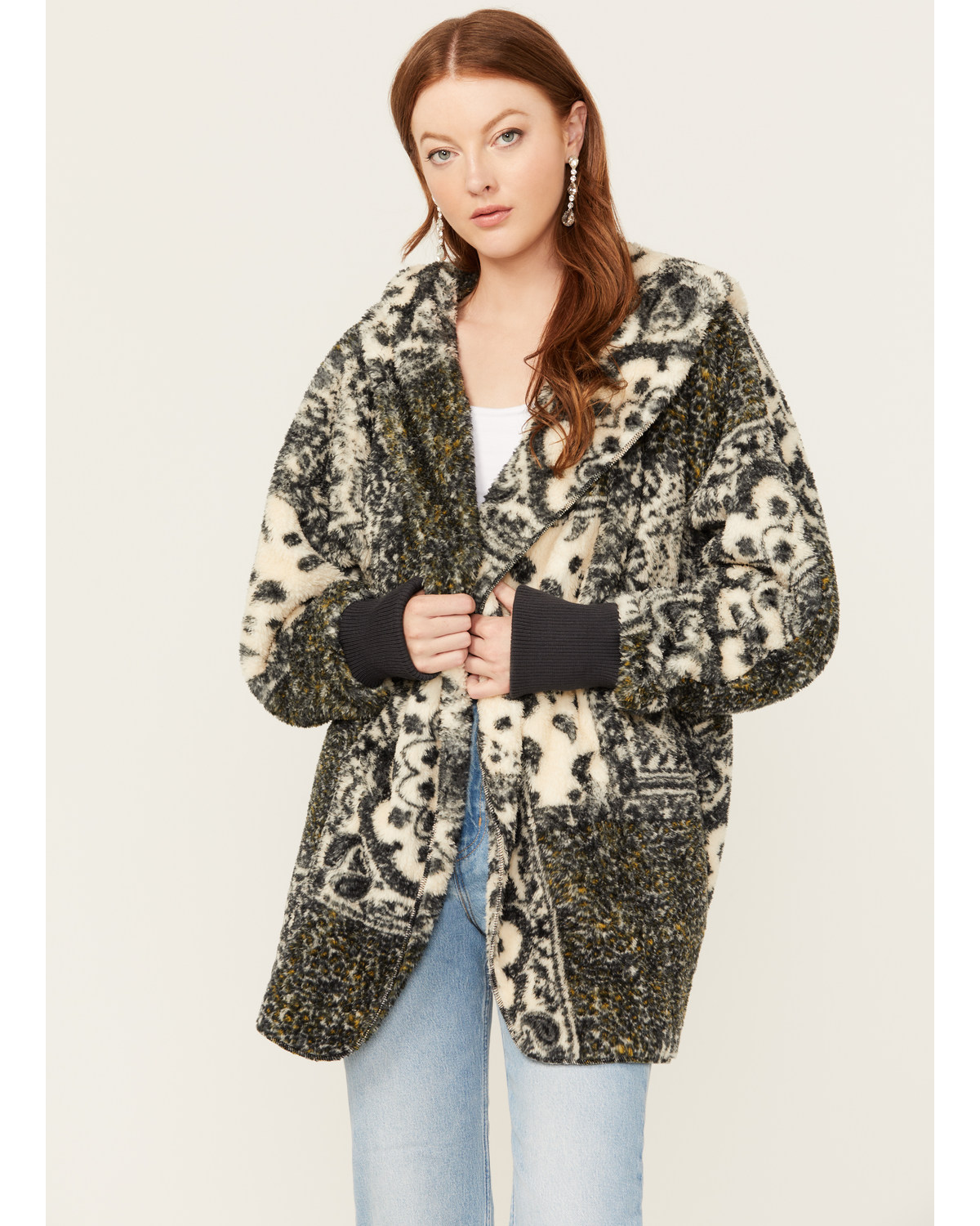 Mystree Women's Paisley Print Fur Hooded Jacket
