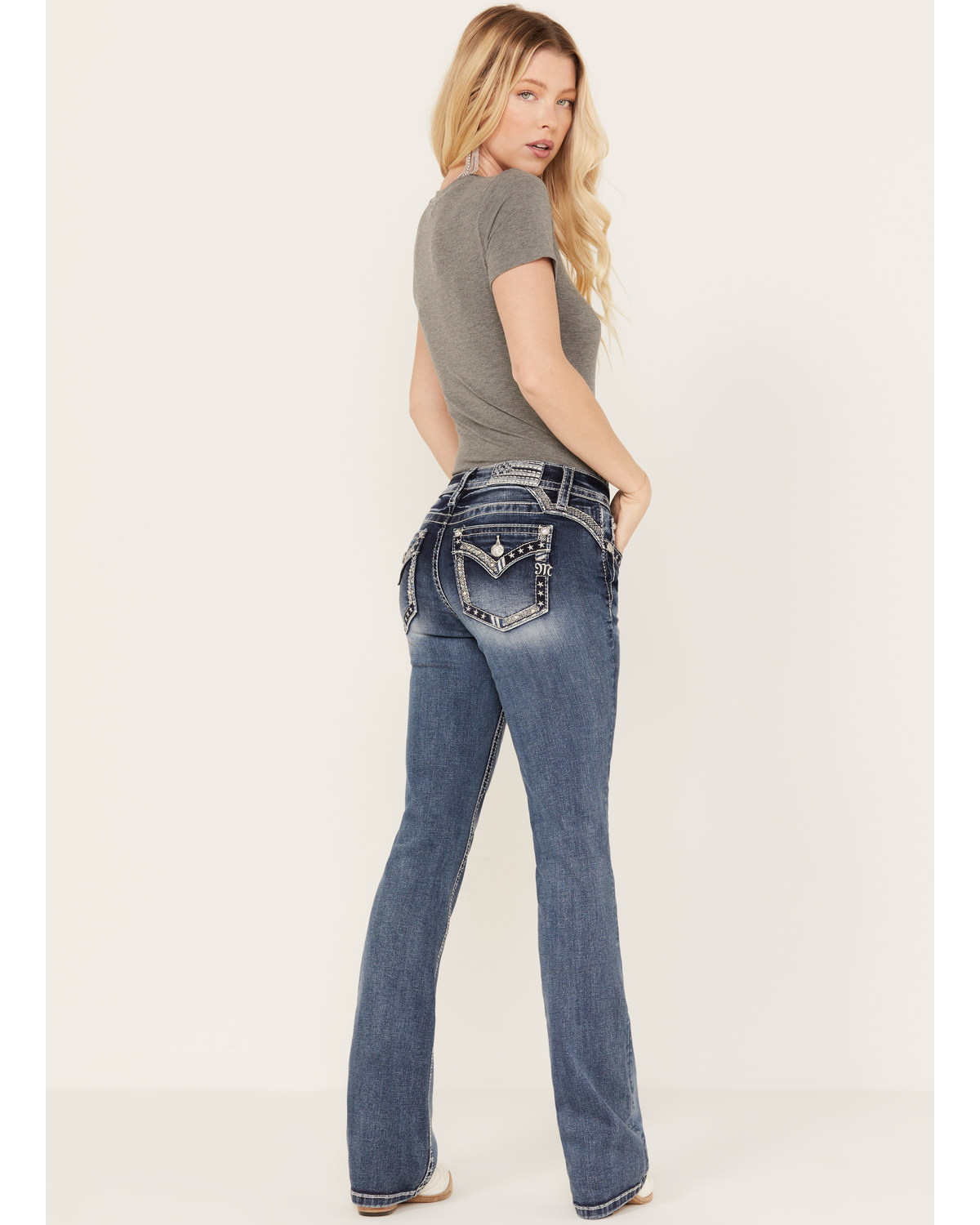Miss Me Women's Low Rise Dark Wash Tonal Americana Border Bootcut Jeans