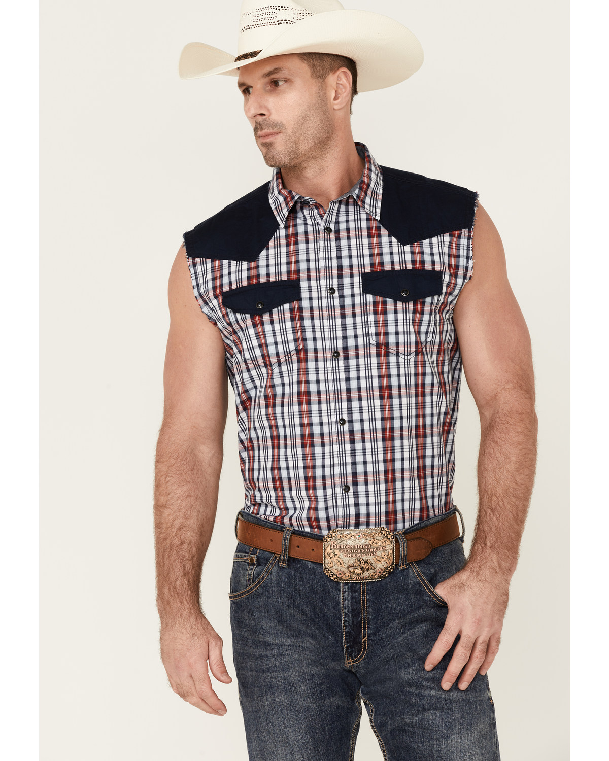 Cody James Men's Anthem Plaid Print Bubba Sleeveless Snap Western Shirt