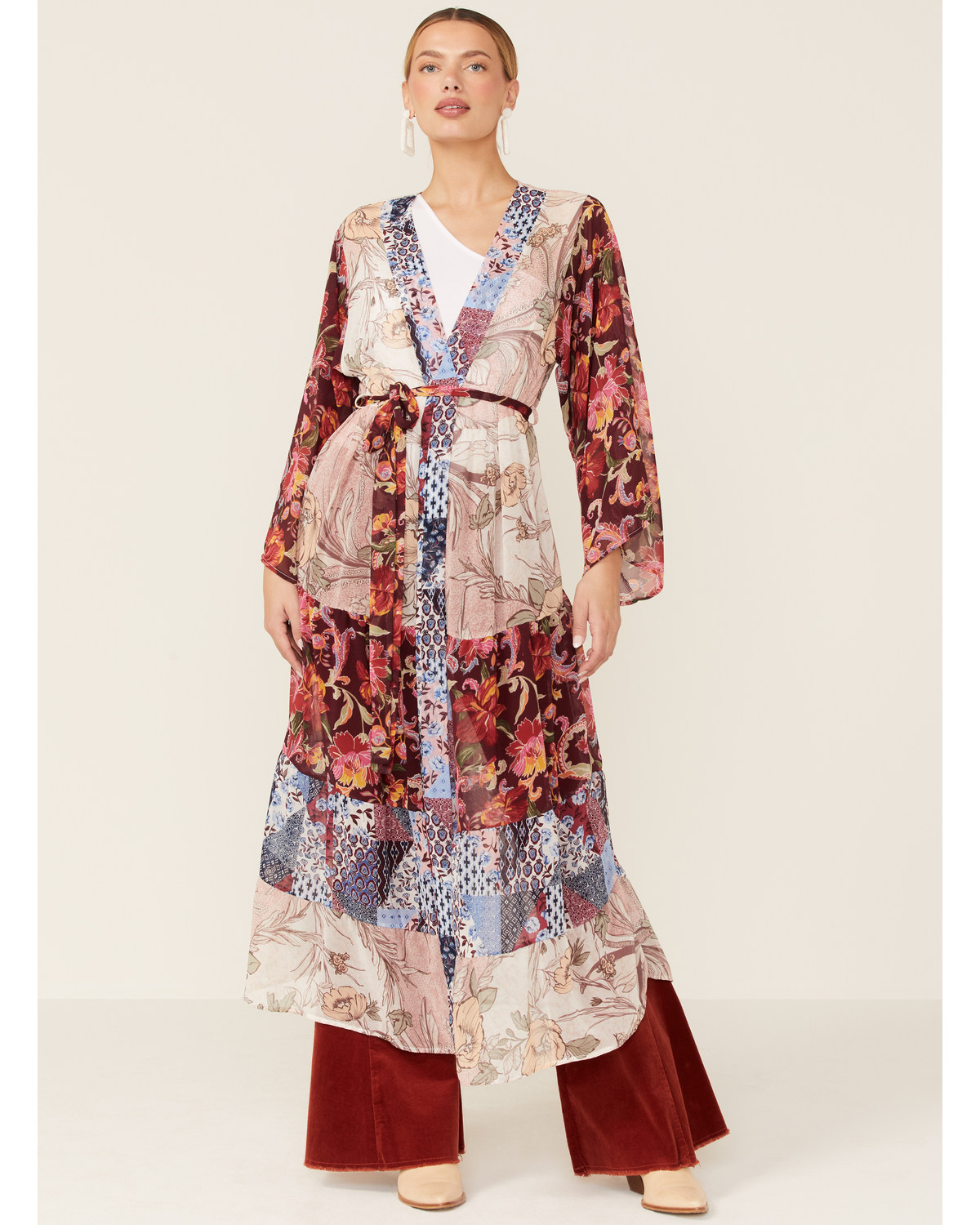 LaBiz Women's Navy & Burgundy Floral Long Kimono