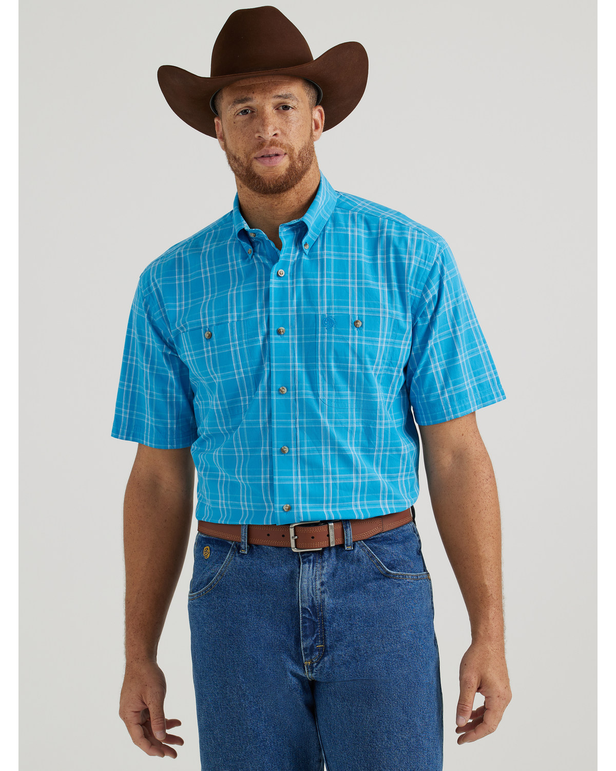 George Strait by Wrangler Men's Plaid Print Short Sleeve Button-Down Stretch Western Shirt