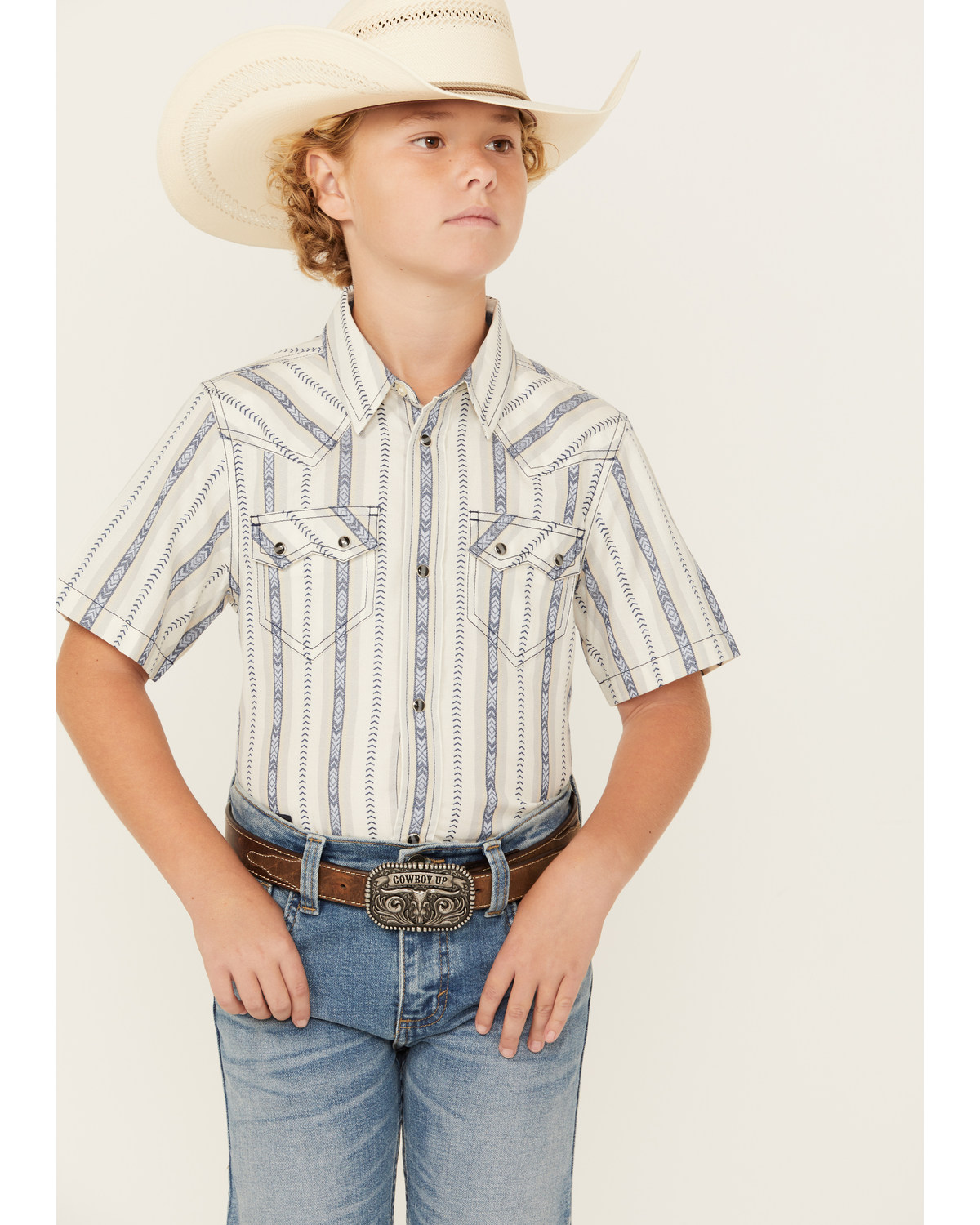 Cody James Boys' Southwestern Dobby Striped Short Sleeve Snap Western Shirt