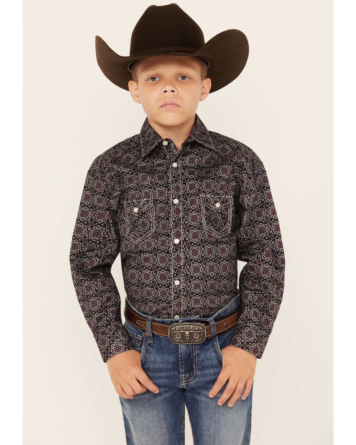 Rock & Roll Denim Boys' Medallion Print Long Sleeve Pearl Snap Stretch Shirt