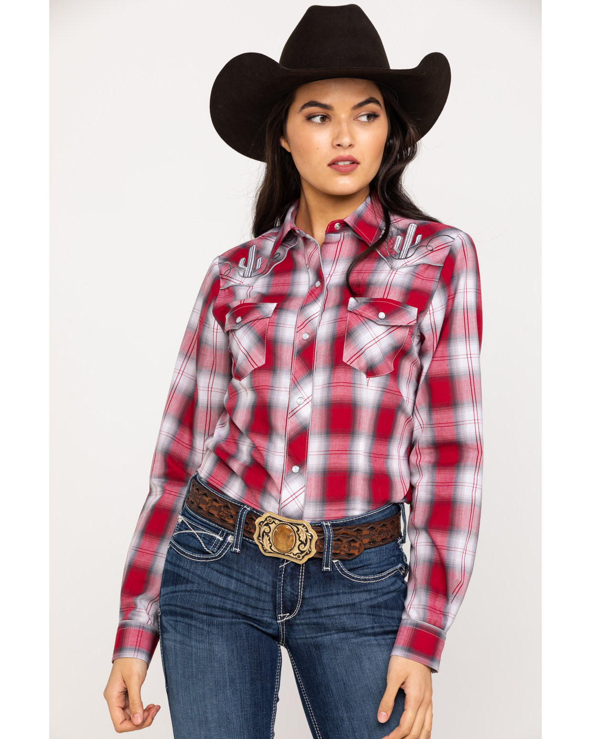 Roper Women S Red Plaid Cactus Embroidered Long Sleeve Western Shirt Boot Barn