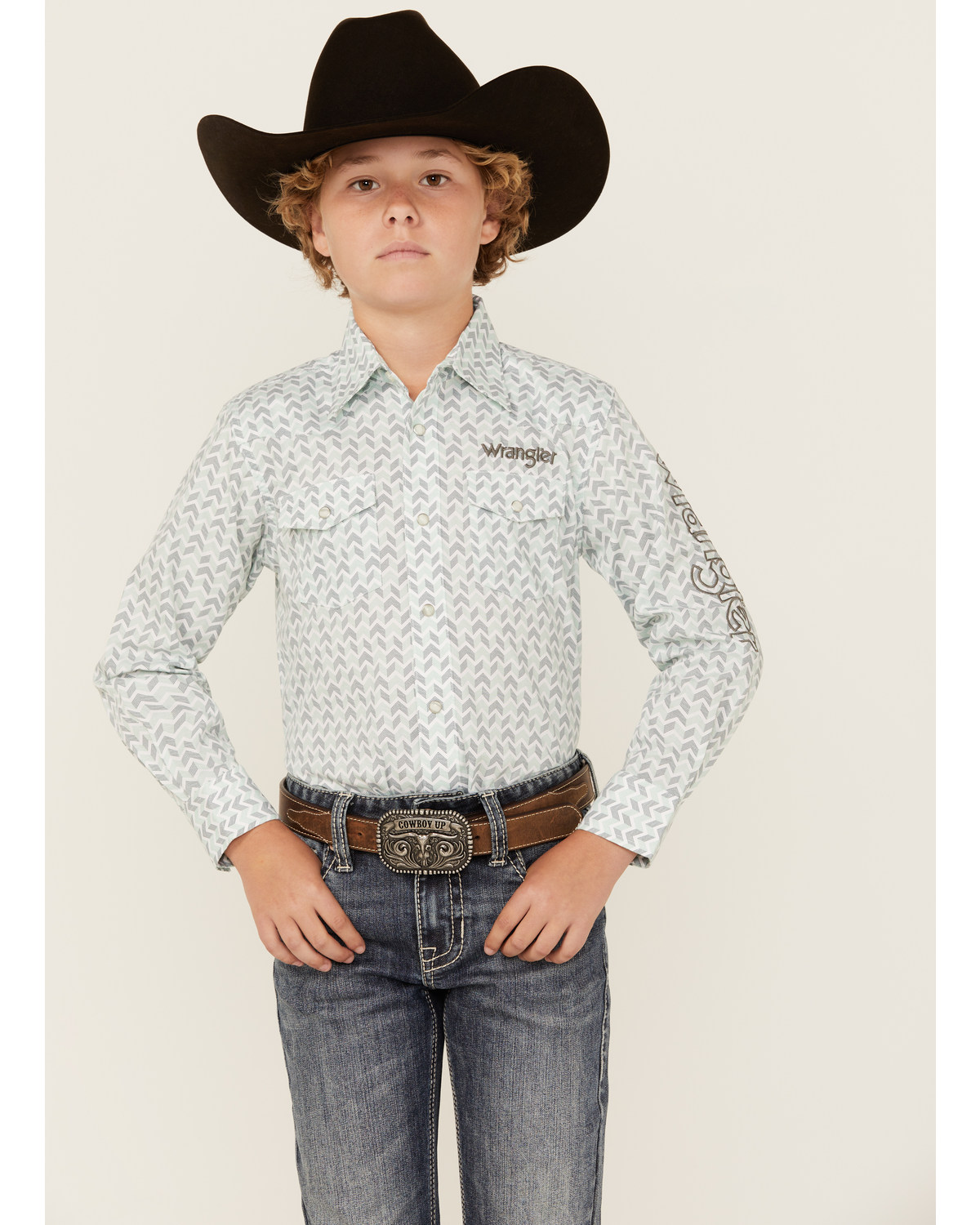 Wrangler Boys' Geo Print Logo Long Sleeve Pearl Snap Western Shirt