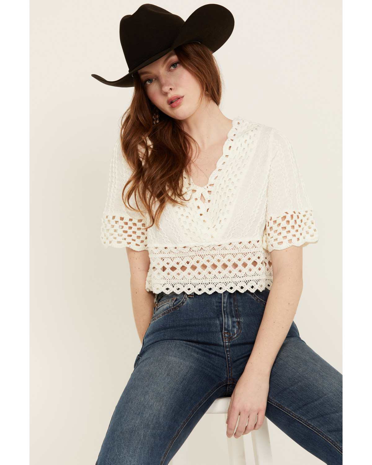 Miss Me Women's Crochet Hem Short Sleeve Blouse