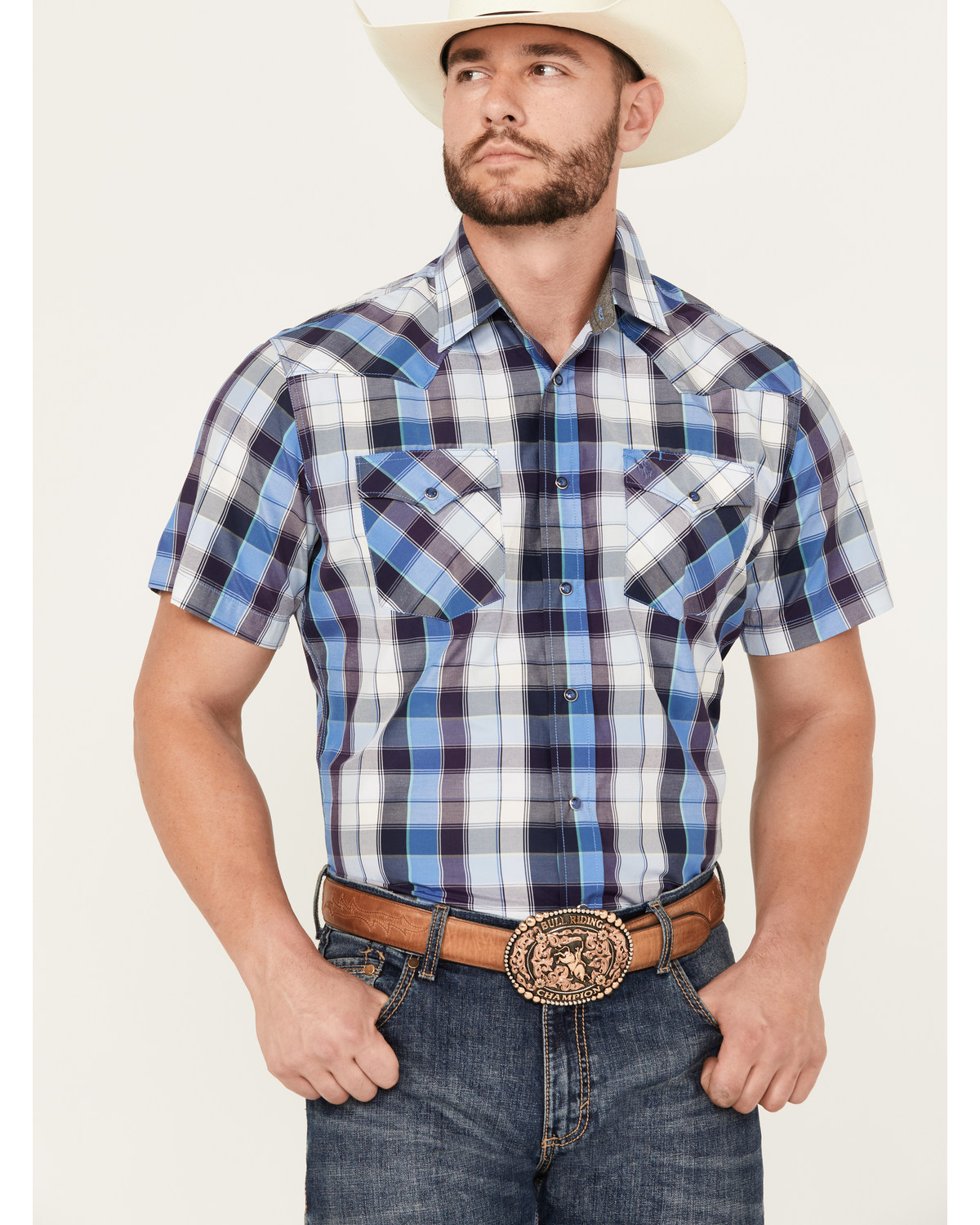 Rodeo Clothing Men's Plaid Print Short Sleeve Snap Western Shirt
