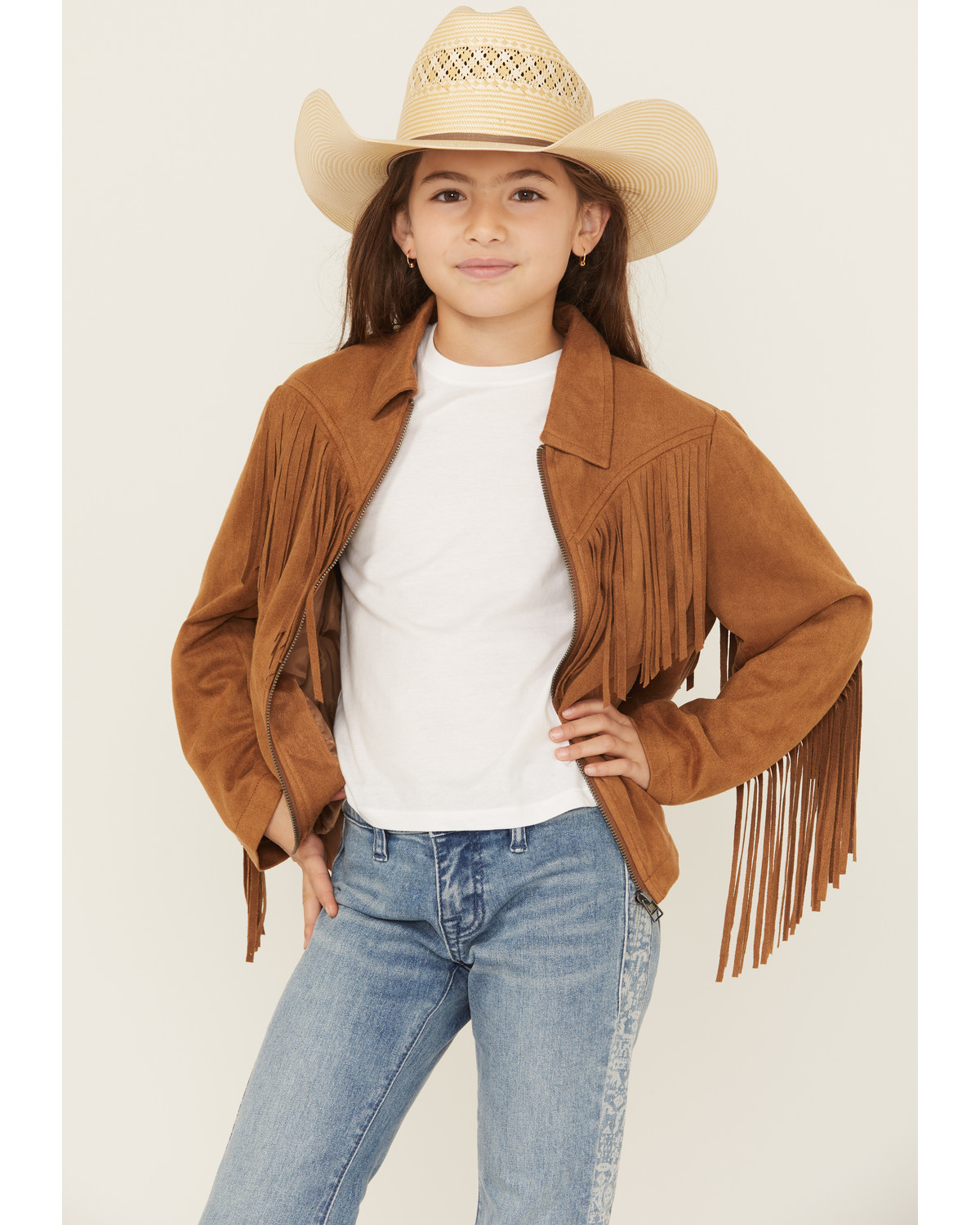 Fornia Girls' Solid Fringe Faux Suede Zip-Up Jacket