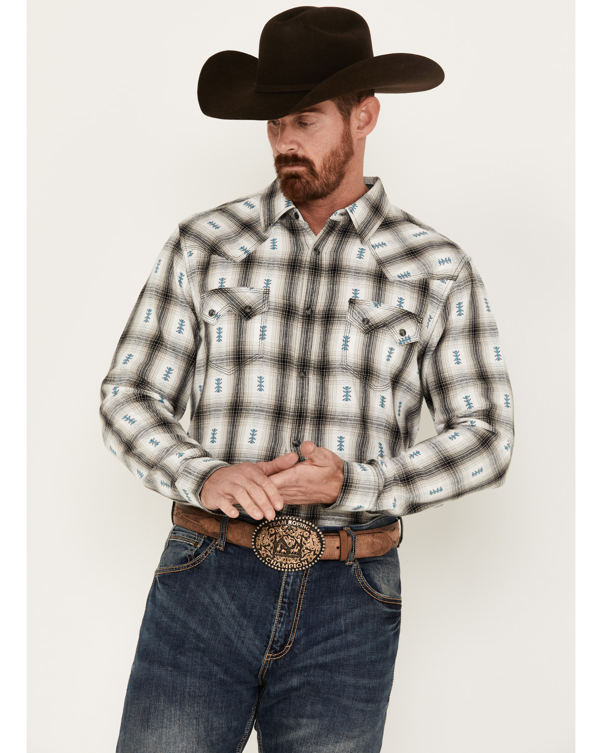 Moonshine Spirit Men's Southwestern Plaid Print Long Sleeve Snap Flannel Shirt