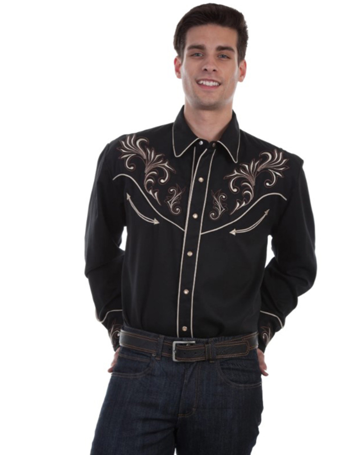 Scully Men's Scroll Embroidered Yoke Long Sleeve Pearl Snap Western Shirt - Big