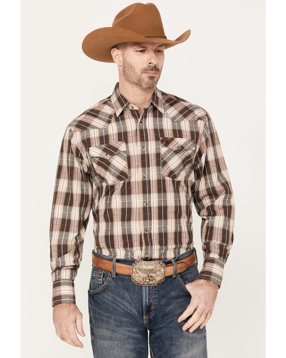 Rodeo Clothing Men's Plaid Print Long Sleeve Snap Western Shirt