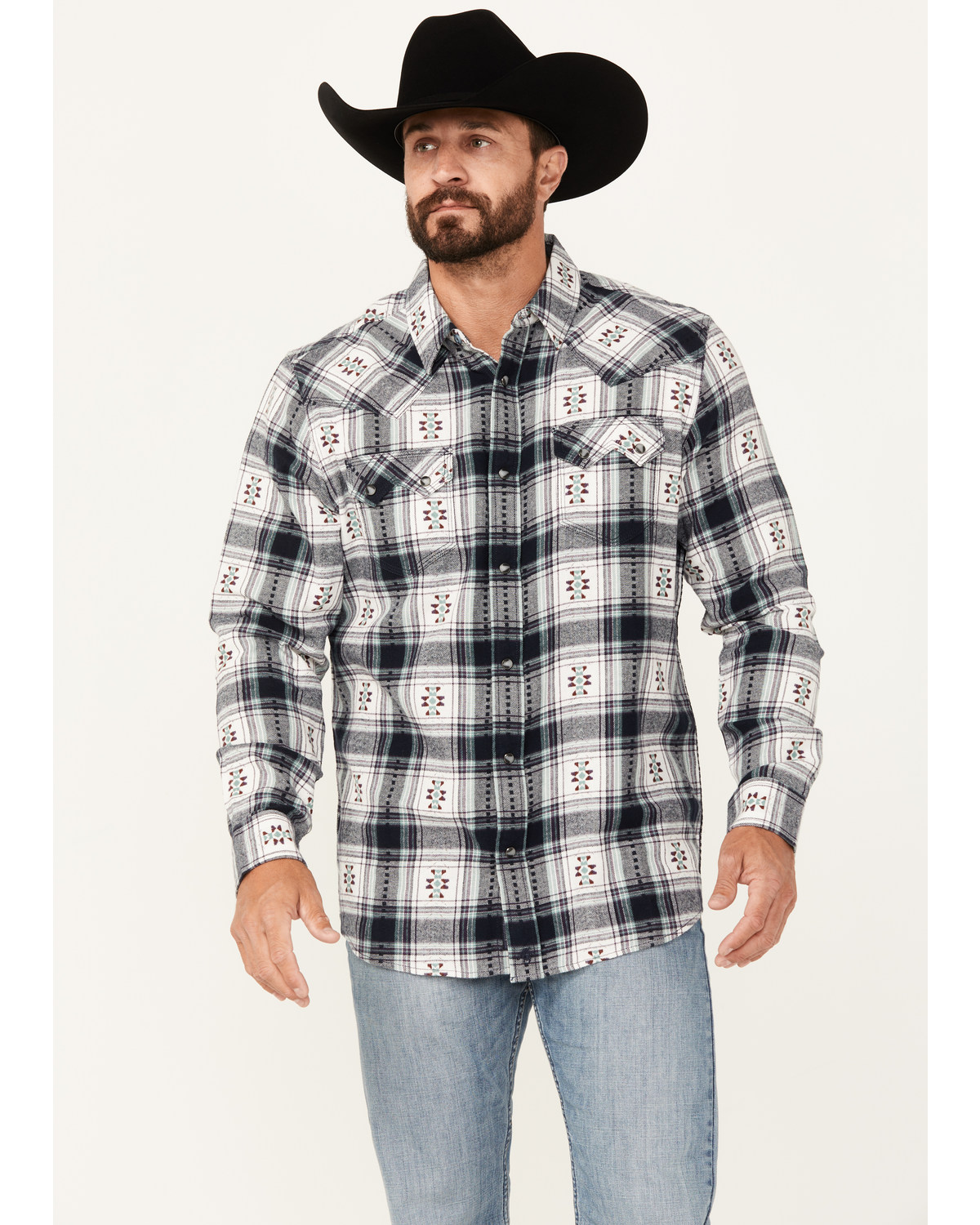 Moonshine Spirit Men's Smoke Signal Southwestern Plaid Print Long Sleeve Snap Western Shirt