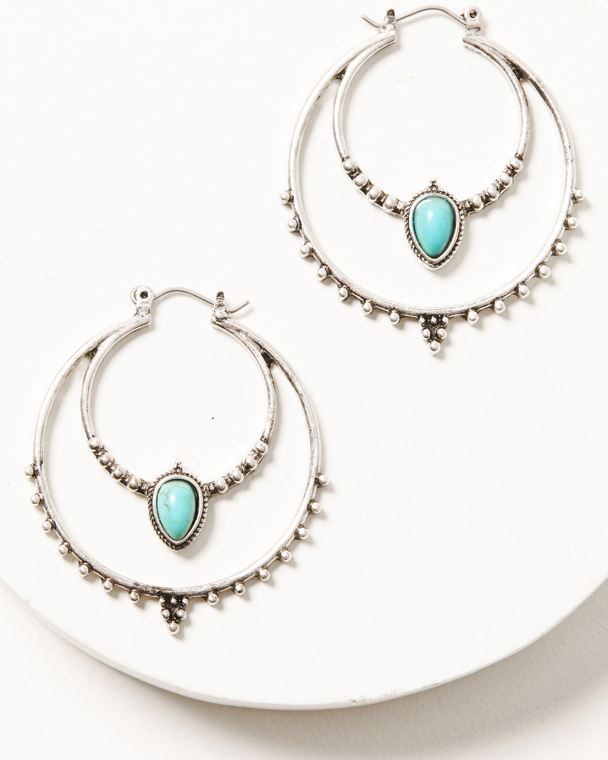 Prime Time Jewelry Women's Silver & Turquoise Double Hoop Beaded Earrings