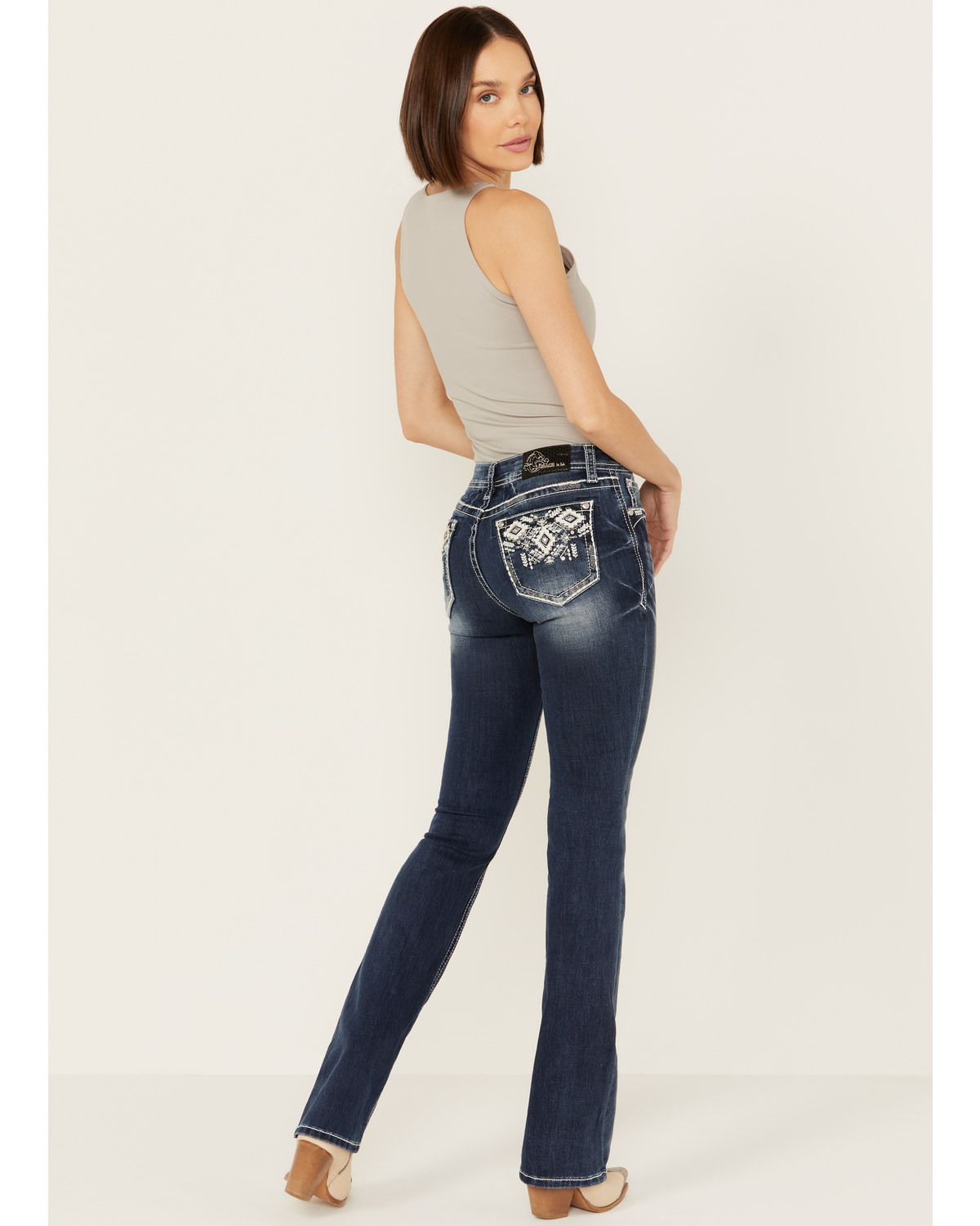 Grace LA Women's Medium Wash Mid Rise Geo Pocket Stretch Bootcut Jeans