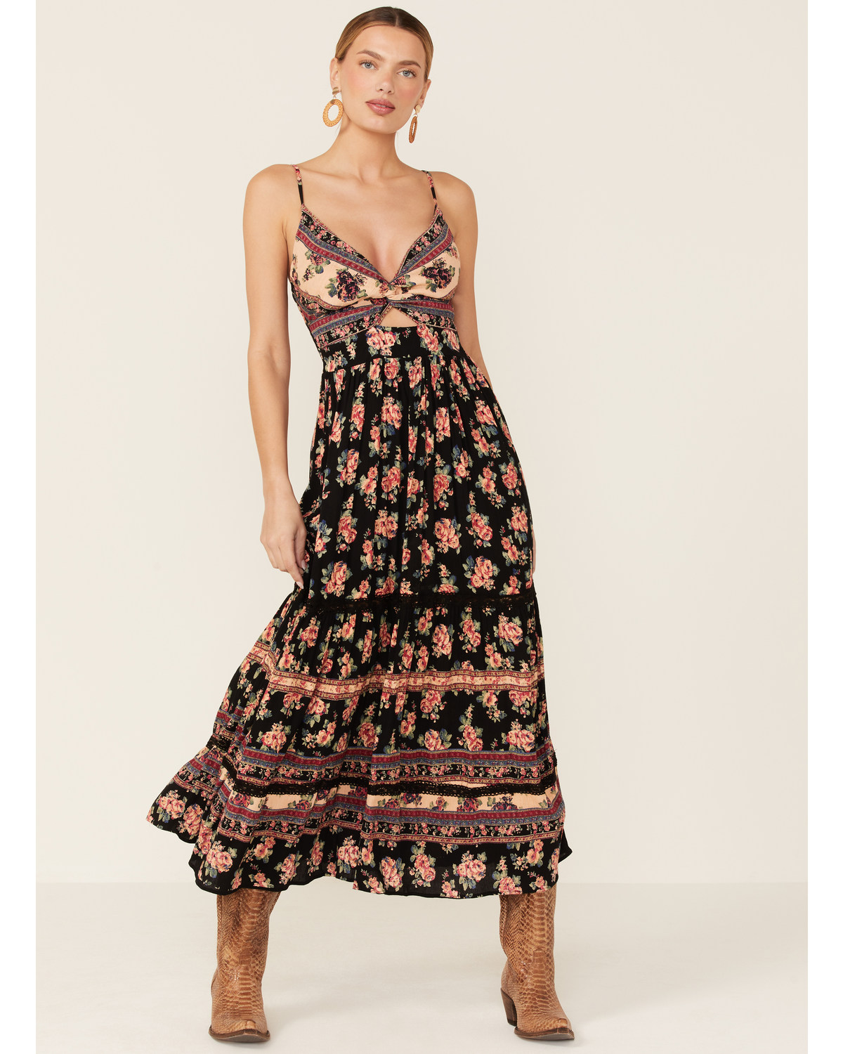 Angie Women S Black Floral Twist Front Keyhole Maxi Dress Boot Barn