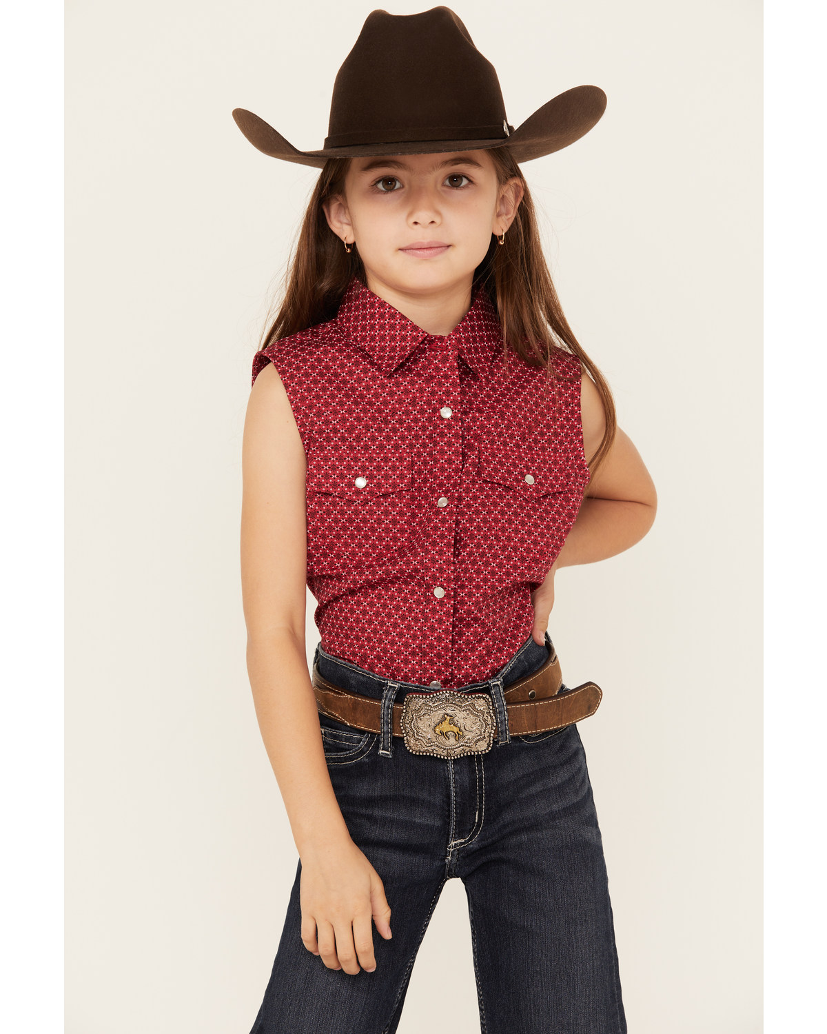 Ely Walker Girls' Geo Print Sleeveless Pearl Snap Western Shirt