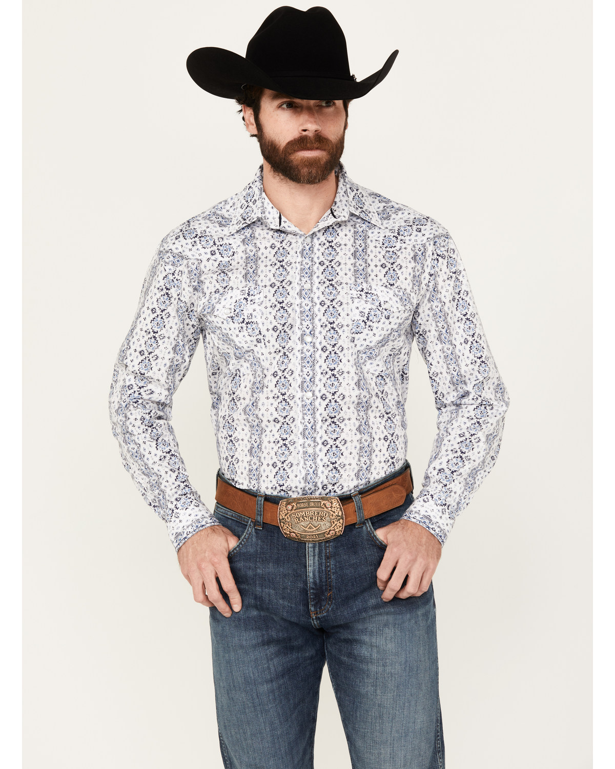 Rough Stock by Panhandle Men's Southwestern Print Long Sleeve Pearl Snap Western Shirt