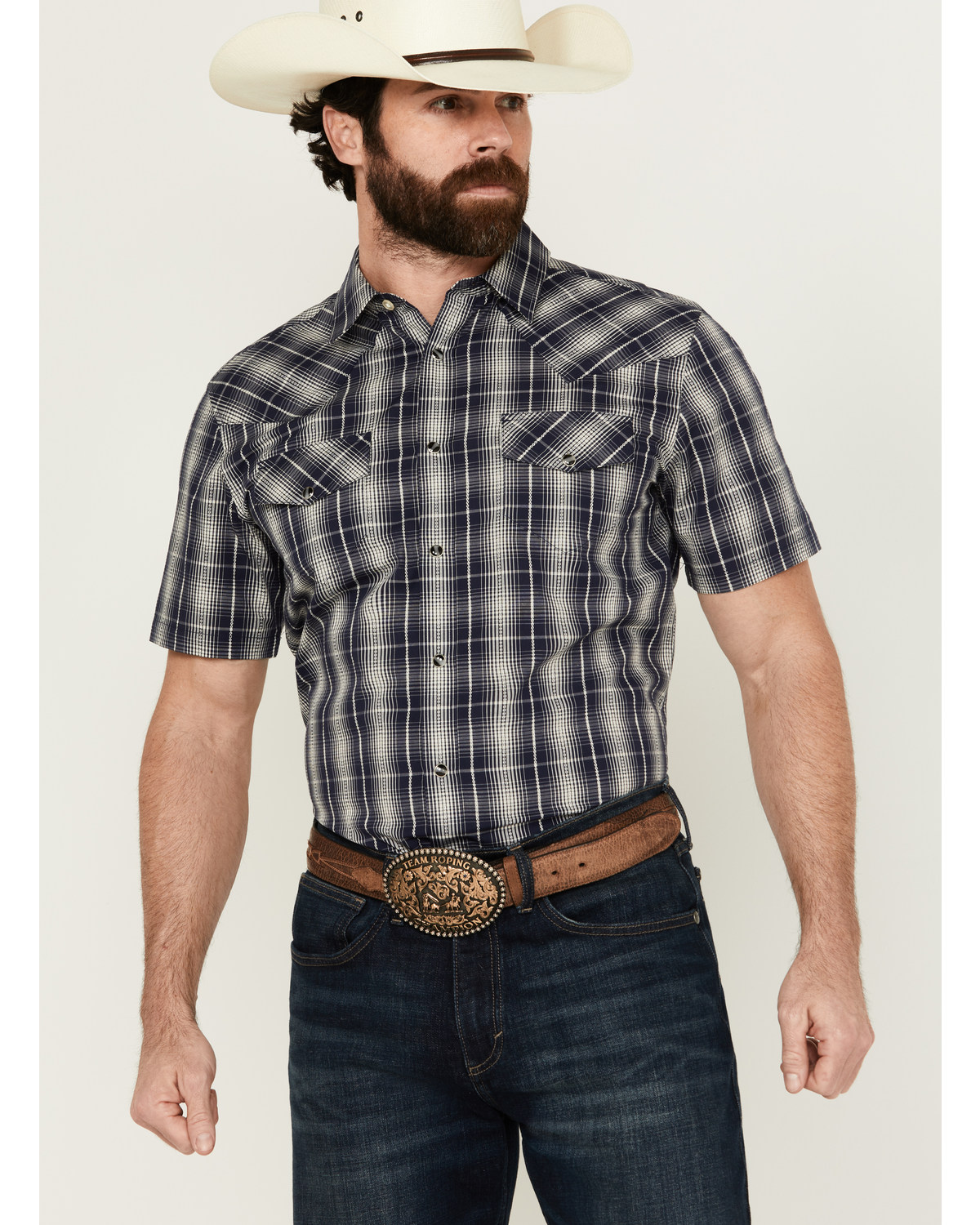 Gibson Men's Chain Link Plaid Print Short Sleeve Snap Western Shirt