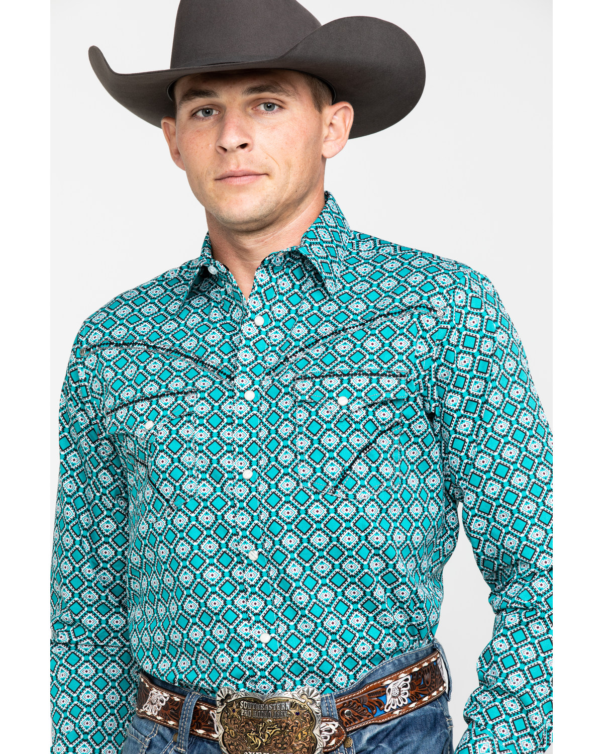 Rock 47 By Wrangler Men's Teal Geo Print Long Sleeve Western Shirt
