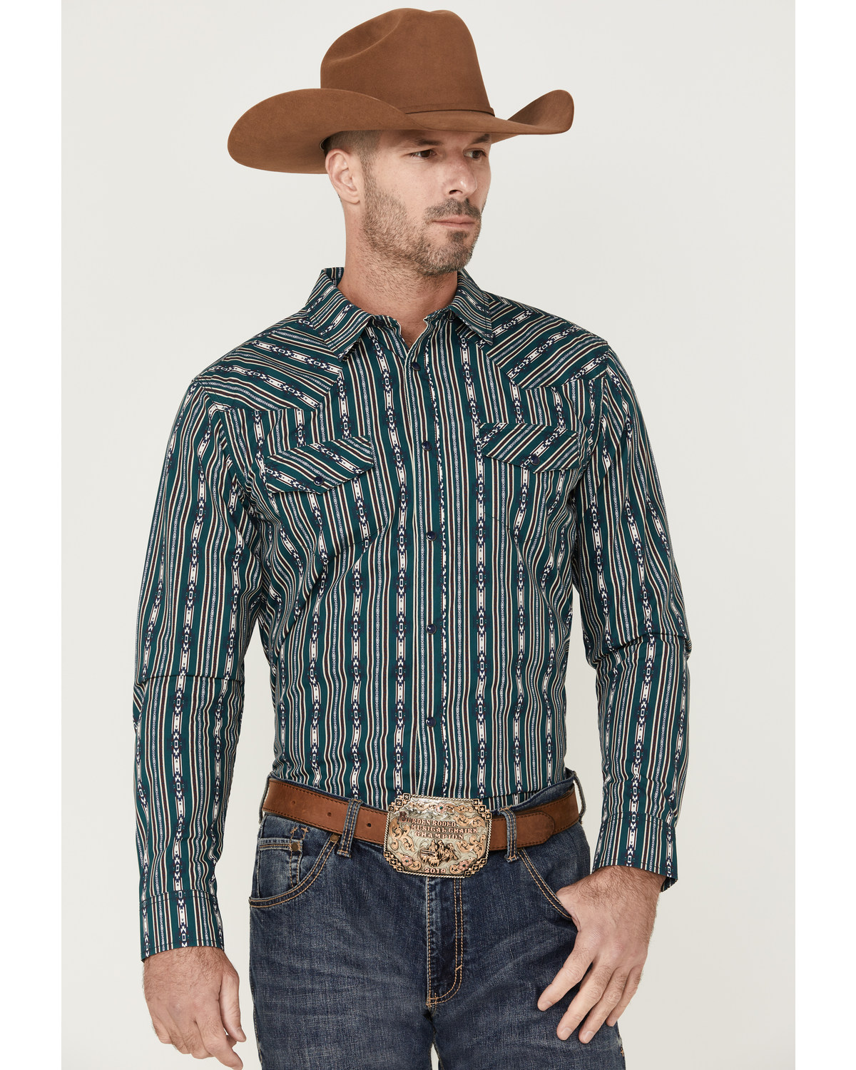 Gibson Men's Bone Southwestern Striped Long Sleeve Snap Western Shirt