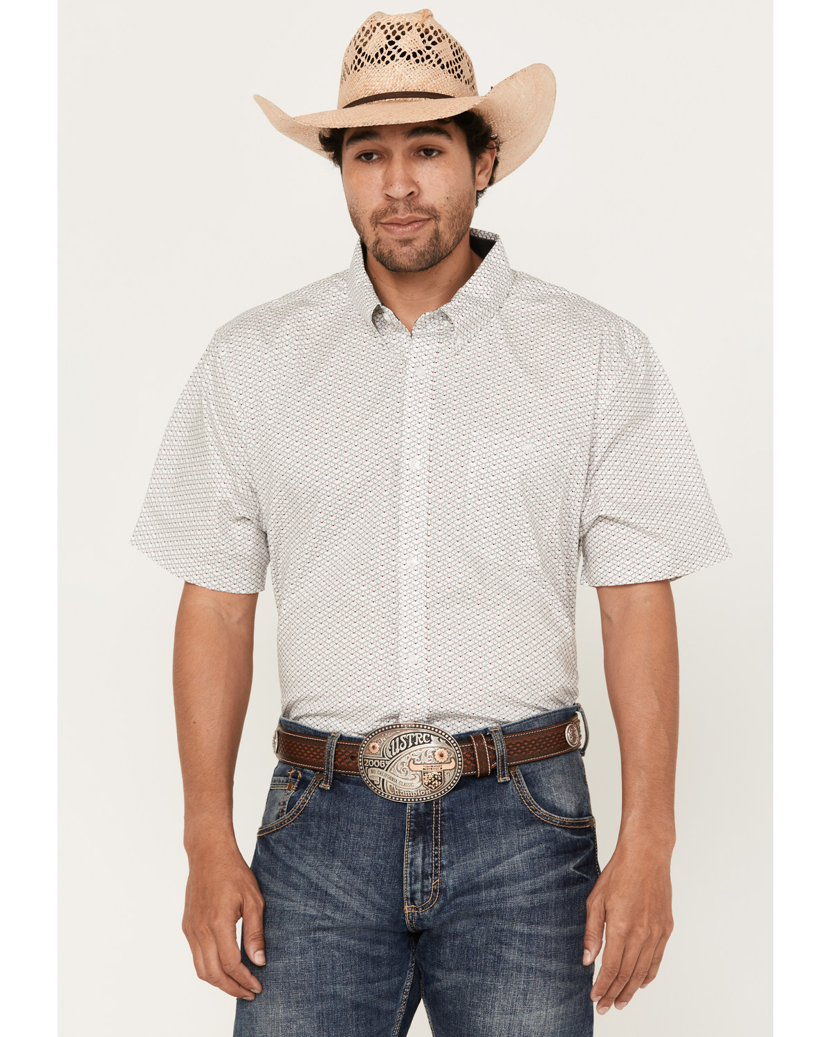RANK 45® Men's Radio Small Geo Print Short Sleeve Button-Down Stretch Western Shirt