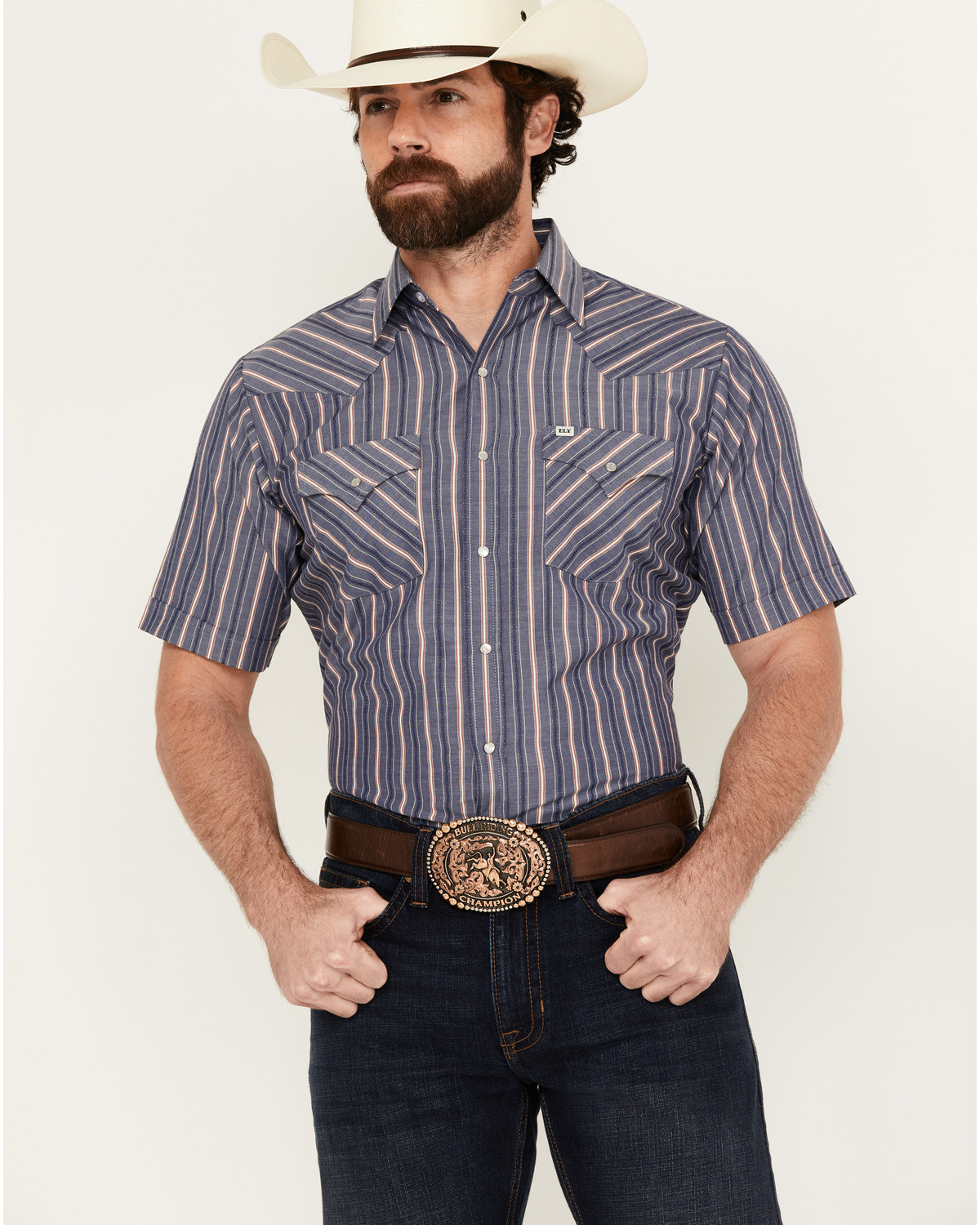 Ely Walker Men's Dobby Striped Print Short Sleeve Snap Western Shirt