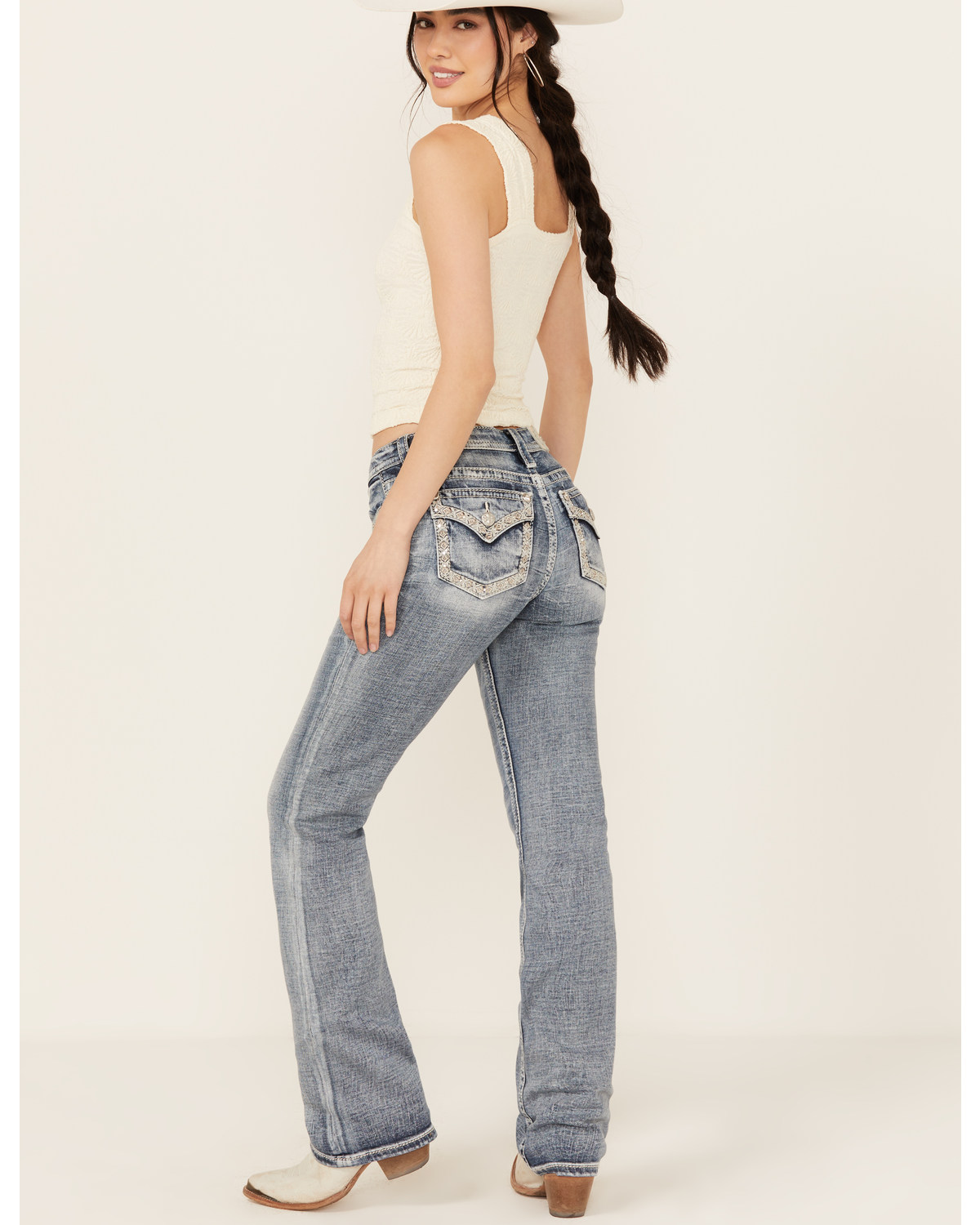 Miss Me Women's Medium Wash Mid Rise 34" Bootcut Stretch Denim Jeans