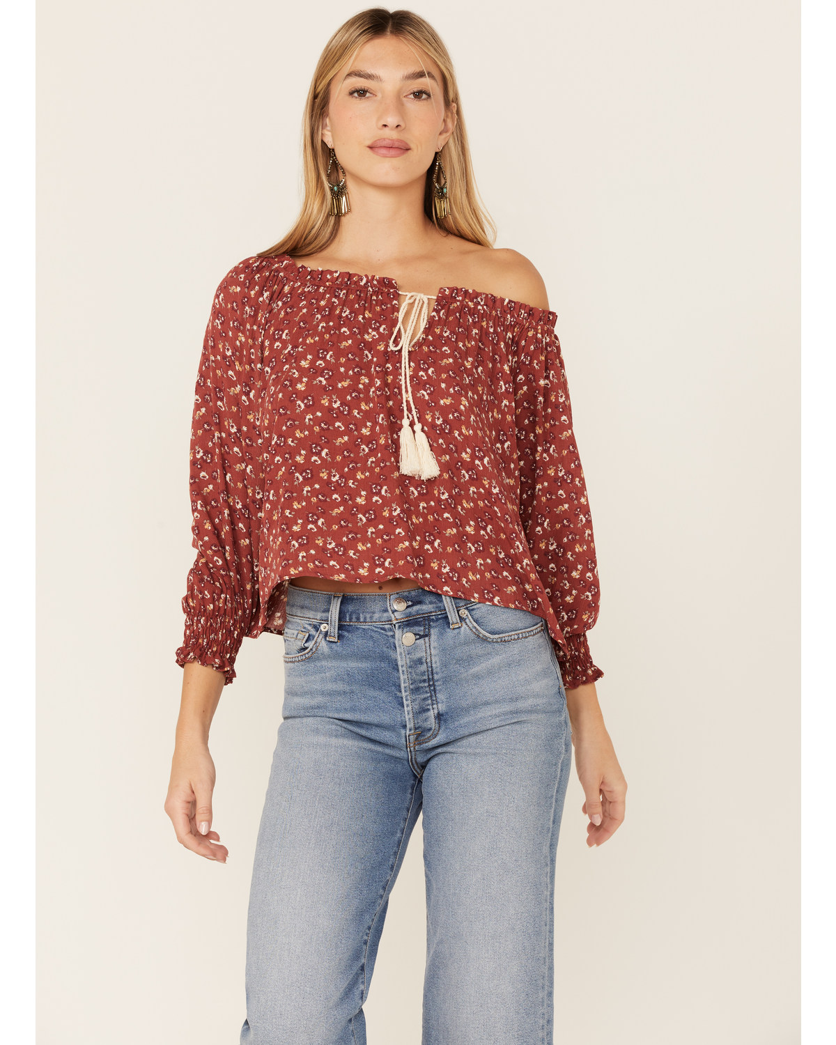 Wild Moss Women's Rust Floral Peasant Top