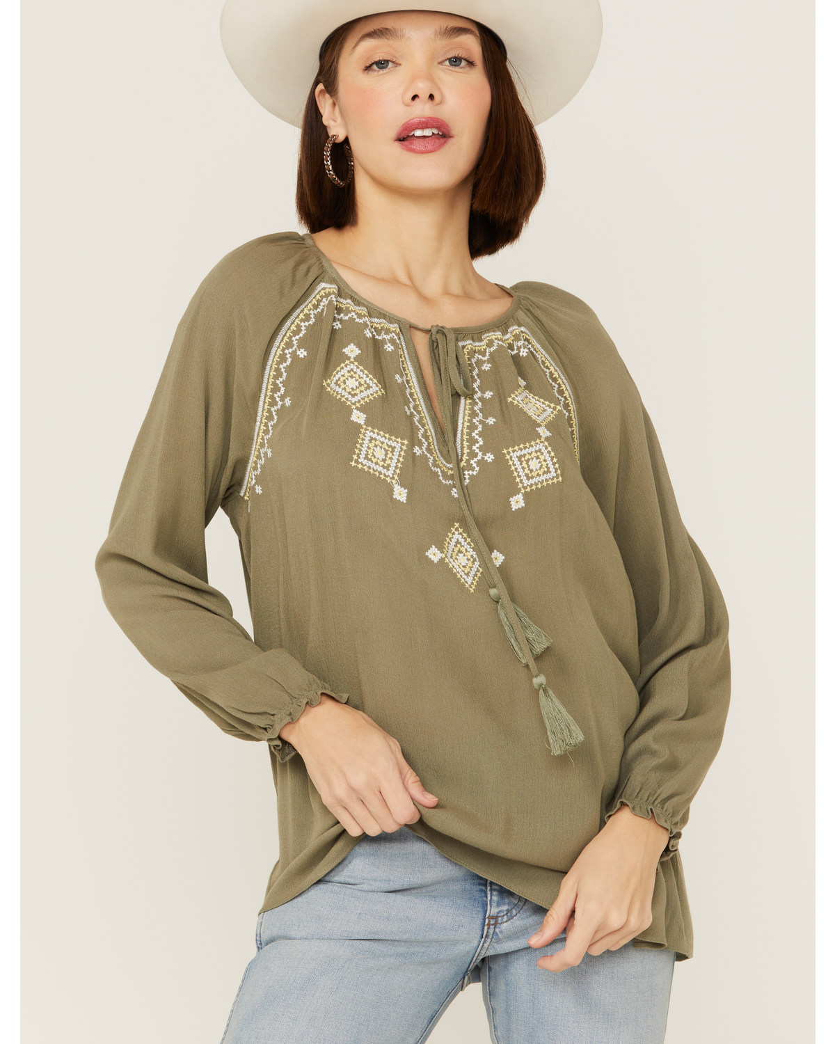 Miss Me Women's Olive Embroidered Southwestern Tassel Top