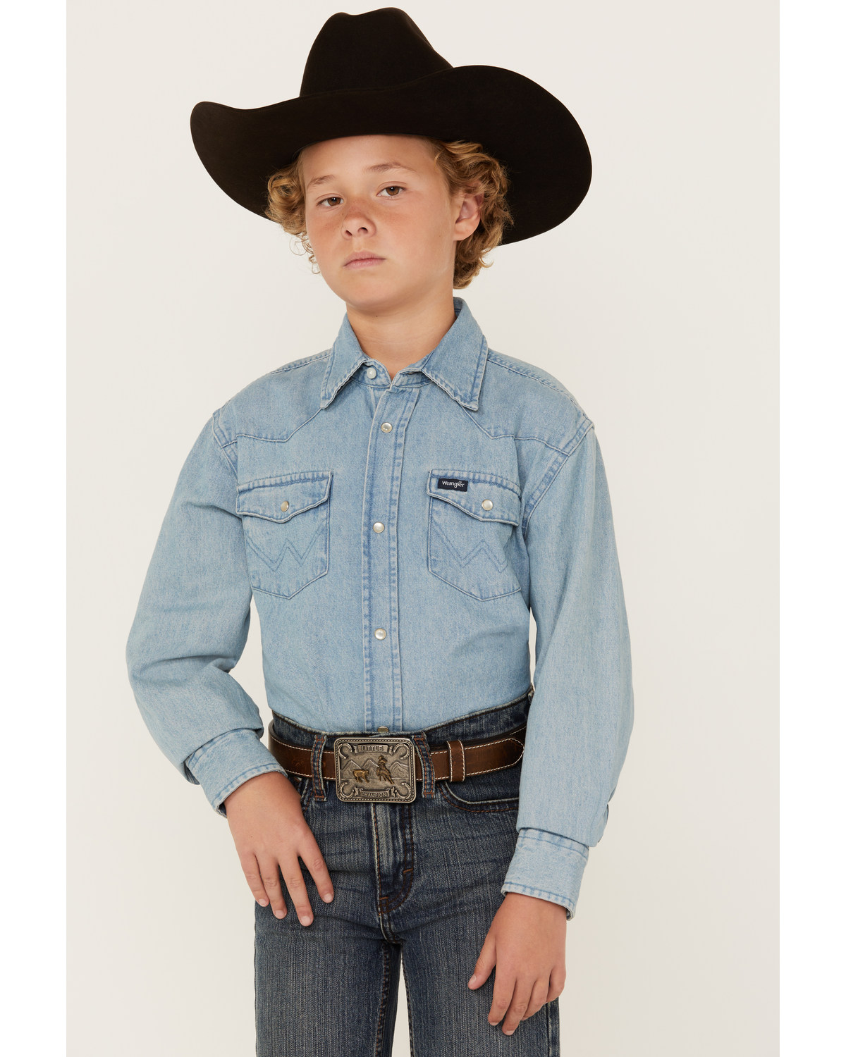 Wrangler Boys' Denim Long Sleeve Snap Western Shirt