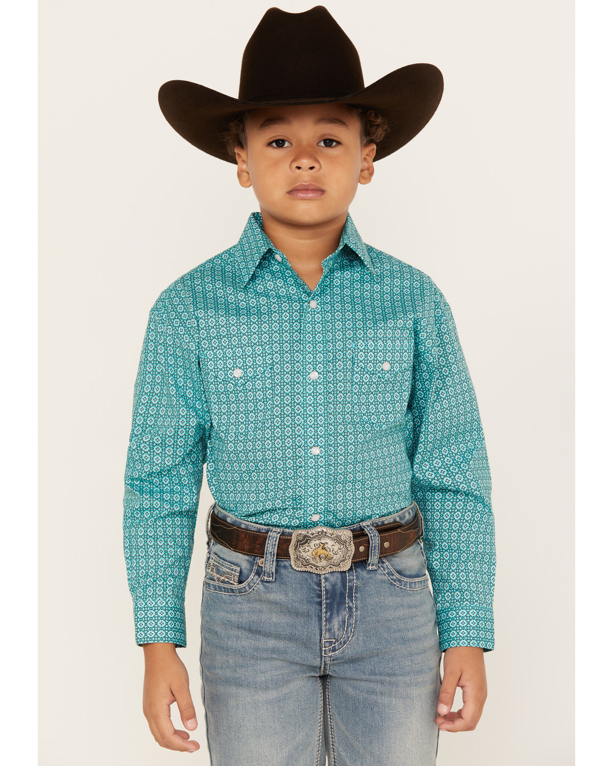 Rough Stock by Panhandle Boys' Foulard Geo Print Long Sleeve Pearl Snap Western Shirt