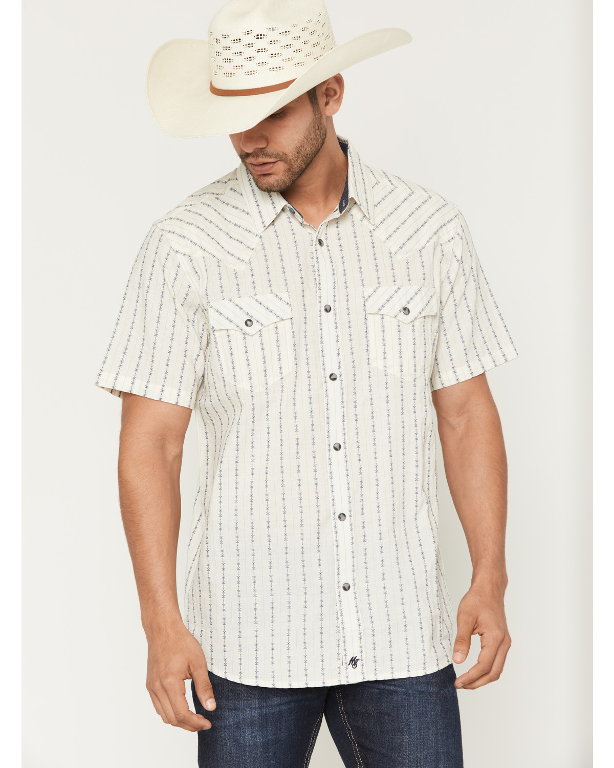 Moonshine Spirit Men's Happy Hour Striped Short Sleeve Snap Western Shirt