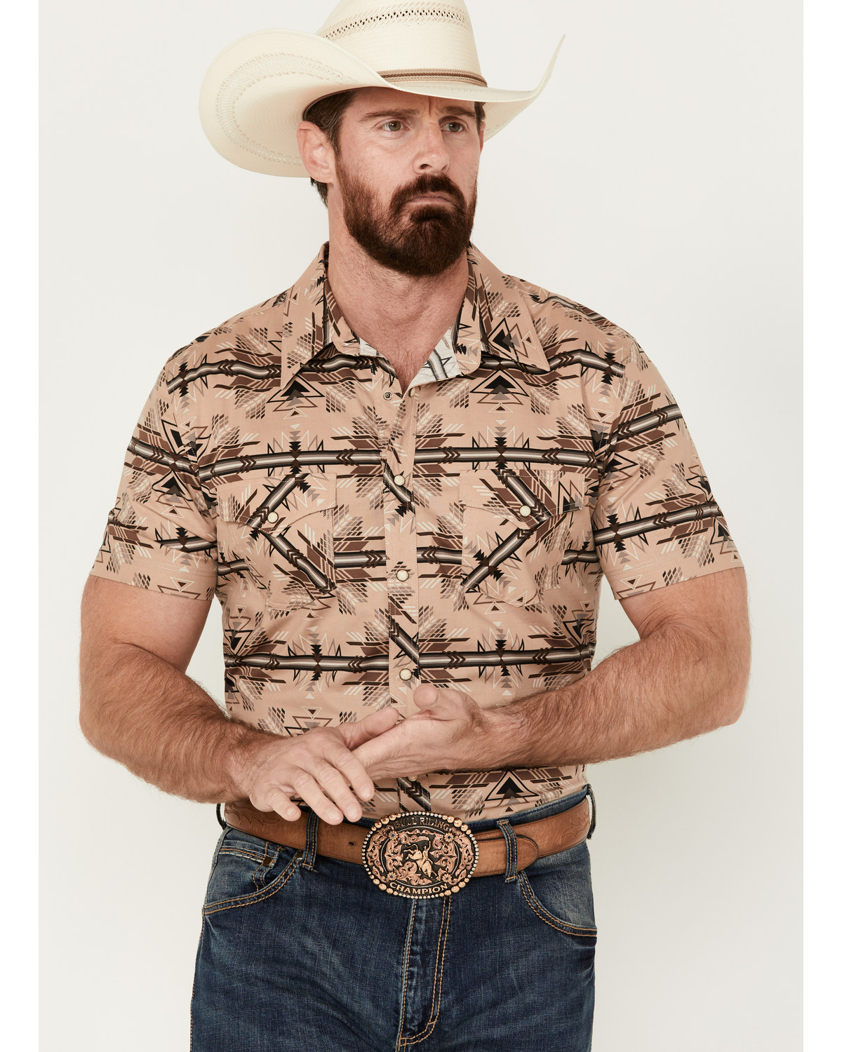 Rock & Roll Denim Men's Southwestern Print Short Sleeve Pearl Snap Stretch Western Shirt